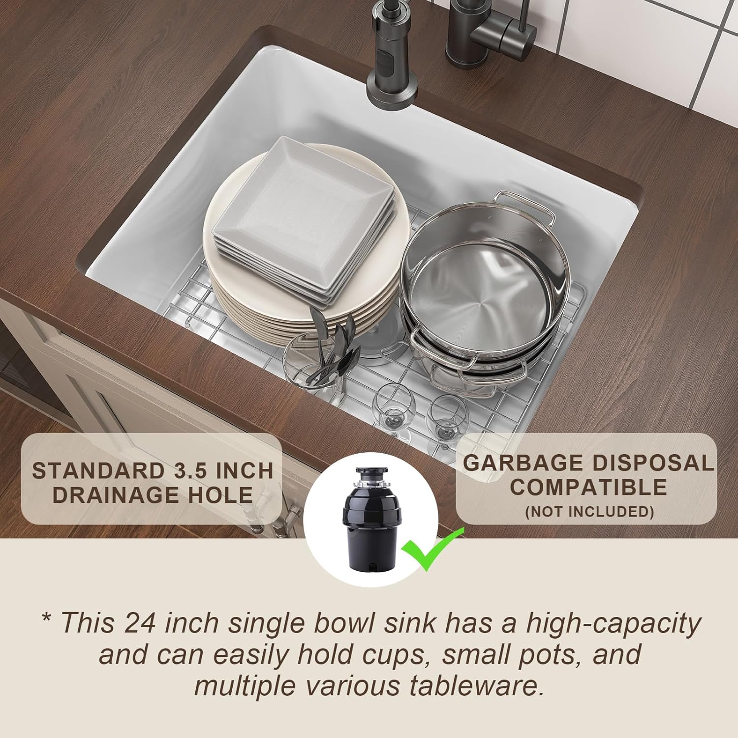24 Inch Farmhouse Kitchen Sink, White Fireclay Drop In Undermount Sink, Rectangular Topmount Bar Sinks, Deep Single Bowl Sinks for Small Space with Drainboard & Strainer