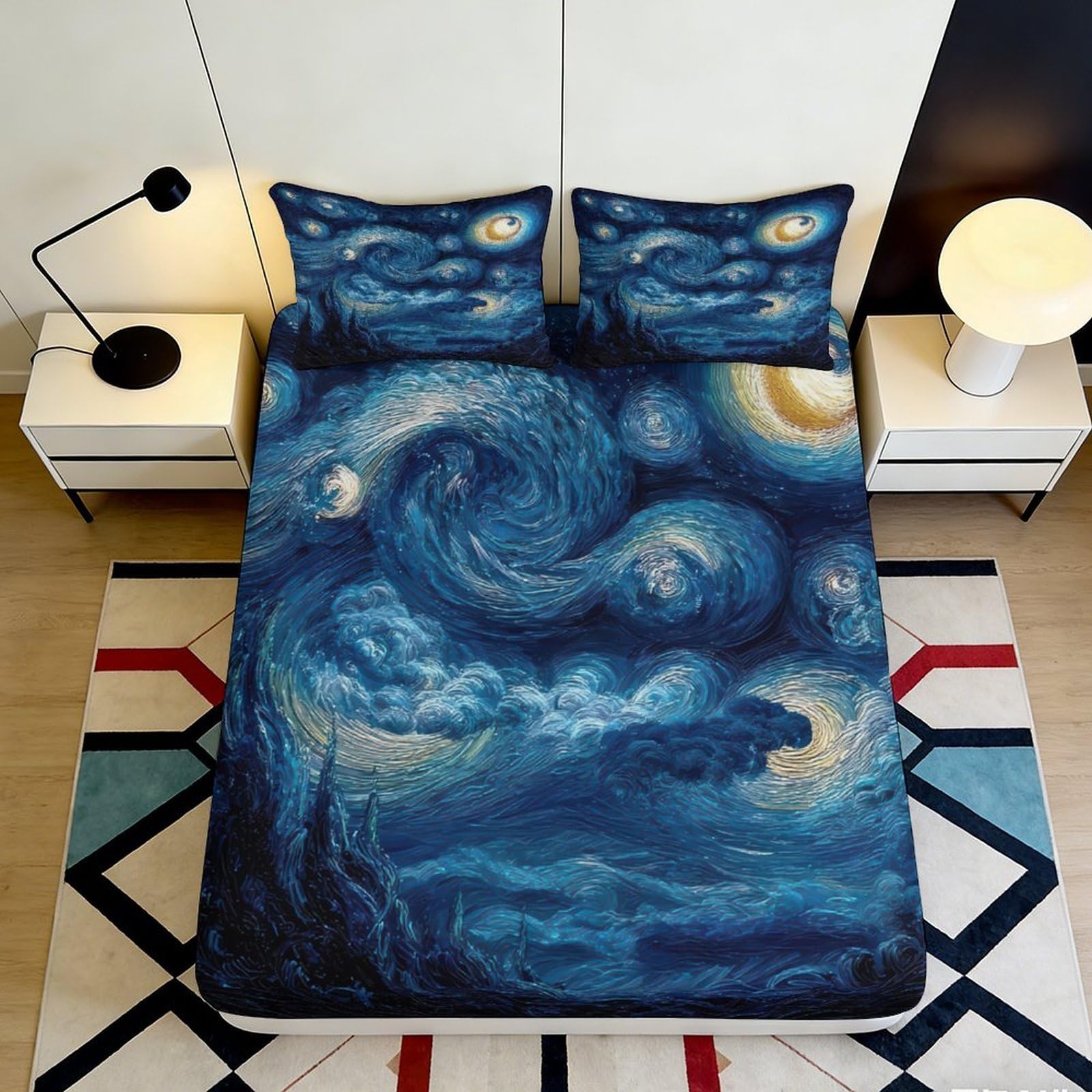 3D Printed Starry Night Sky Fitted Sheet Microfiber Soft Breathable Swirling Galaxy Mattress Cover All Ages Decor 90x200x25cm