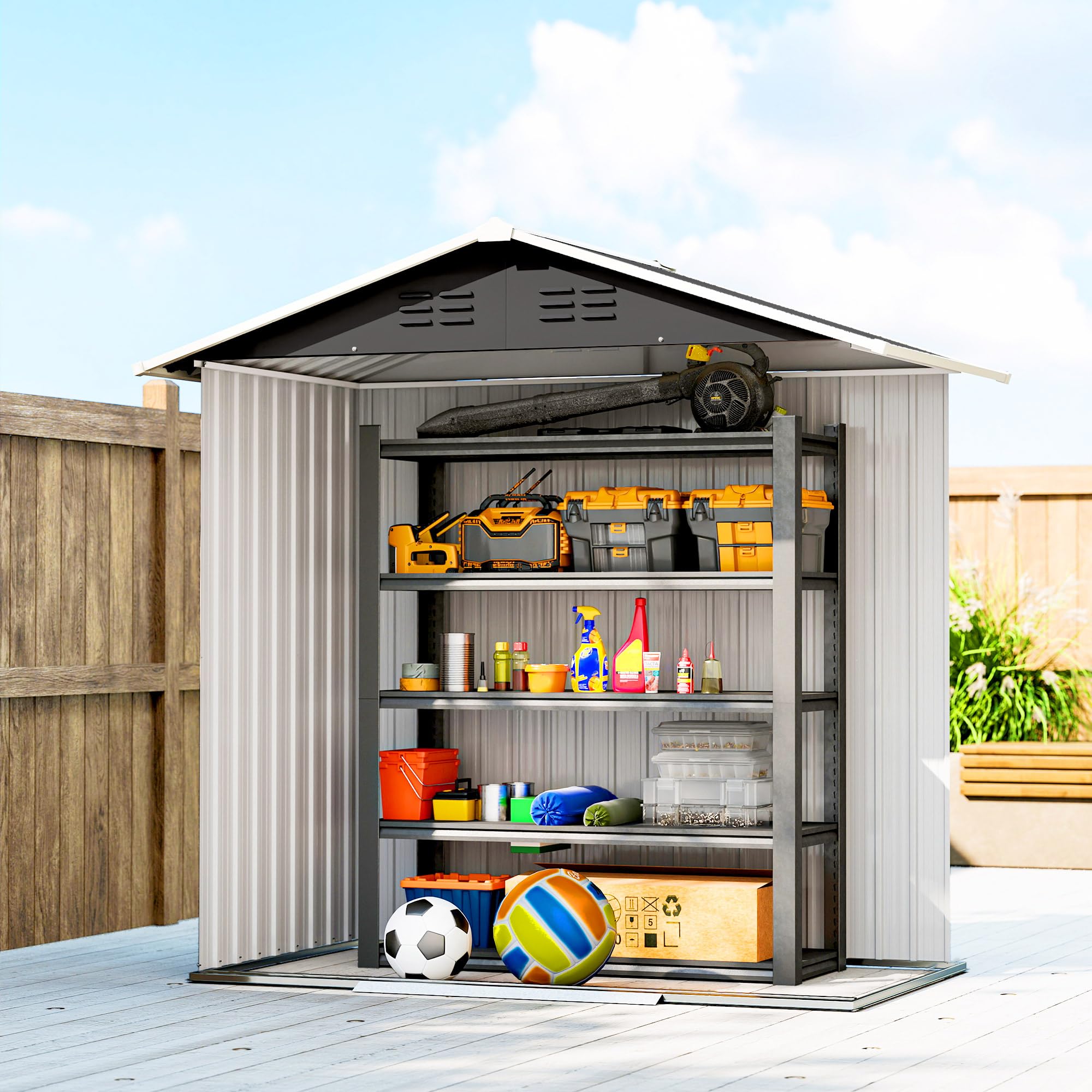 Outsunny Casetta da Giardino 1.8m² Prese d'Aria 194x107x191 cm Grigio Scuro | Acciaio Zincato, Capanno Porta Attrezzi, Doppia Porta Scorrevole Bloccabile, Tetto Inclinato, Guanti