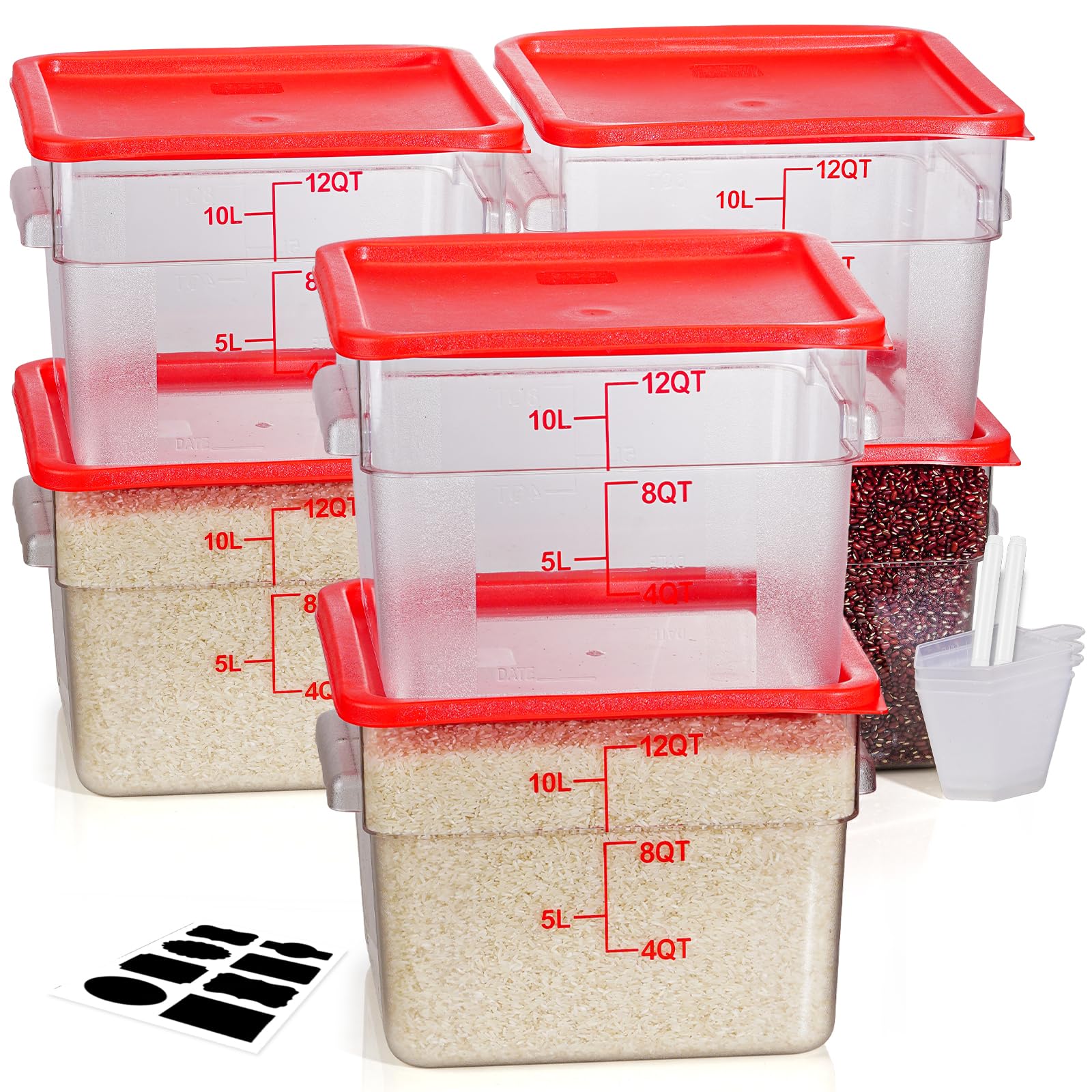 12 Quarts Sous Vide Container: 6 PCS Commercial Food Storage Containers with Lids - Clear Food Container with Scales Handles for Home Restaurant Kitchen Storage Pizza Bread, Red N1