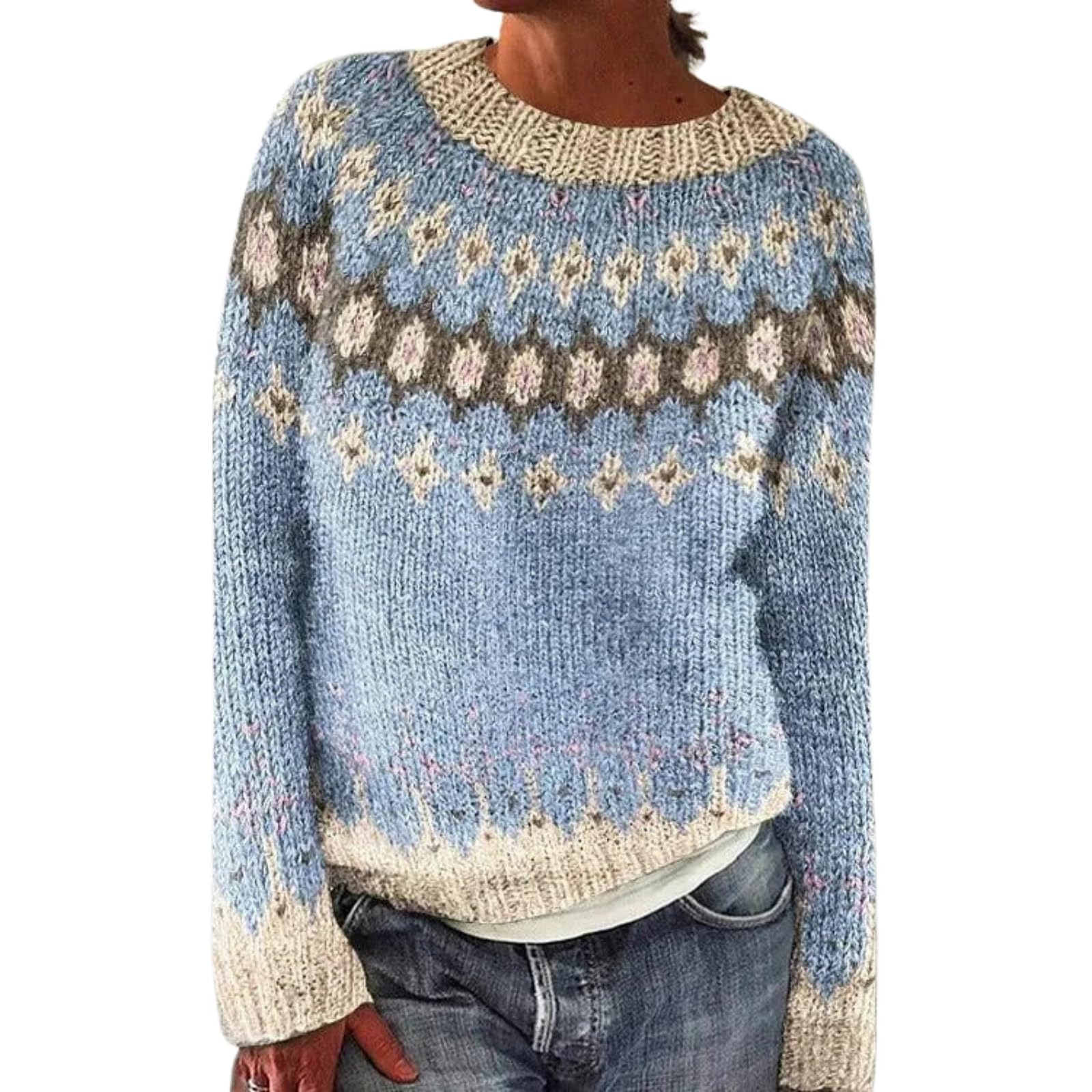 HOTYD Womens Fair Isle Sweaters Trendy Fall Casual Vintage Striped Crewneck Long Sleeve Oversized Pullover Knitted Top