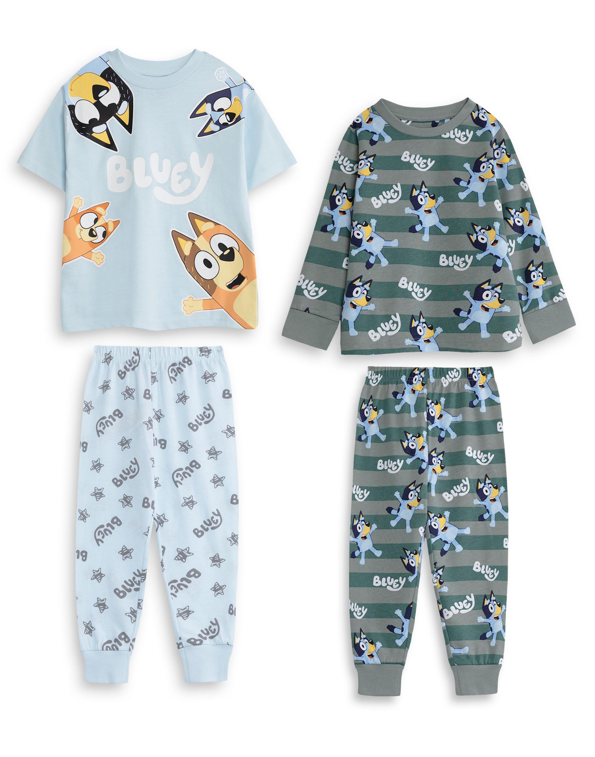 Bluey Boys Long Leg Pyjama Set | Multi-Pack of 2, Bingo, Bandit, Chilli | Light Blue & Green Sleepwear | Long Sleeve Nightwear for Kids Merch - 2-3 Years