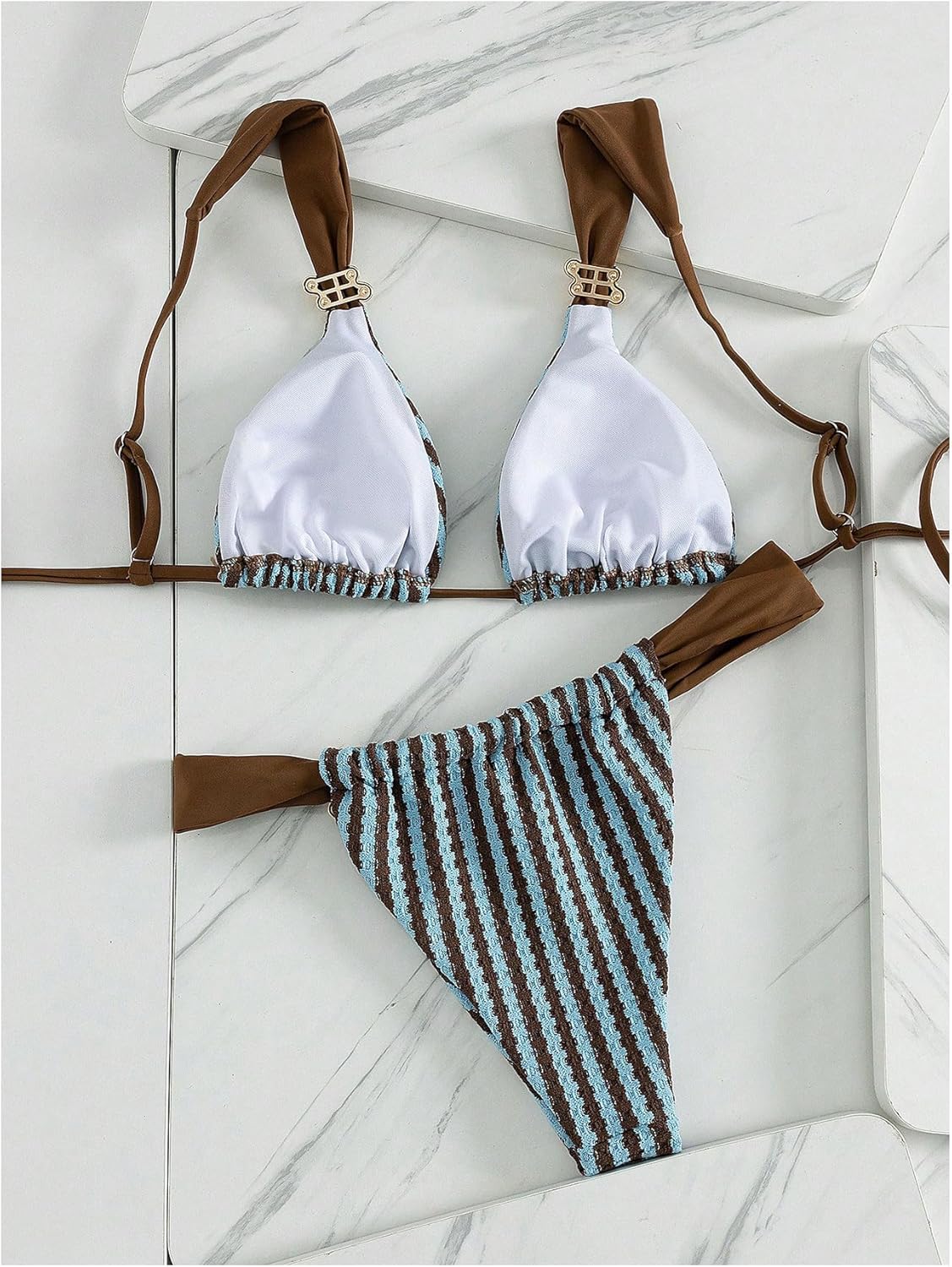 Verdusa Women's 2 Piece Striped Bikini Set Wide Strap Cheeky Swimsuit Vacation Outfits