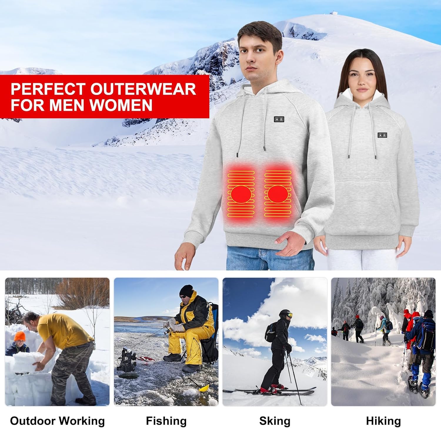 Heated Hoodie for Men Women with 7.4V 16000mAh Battery Pack Mens Womens Heated Sweatshirt Heated Pullover Hooded