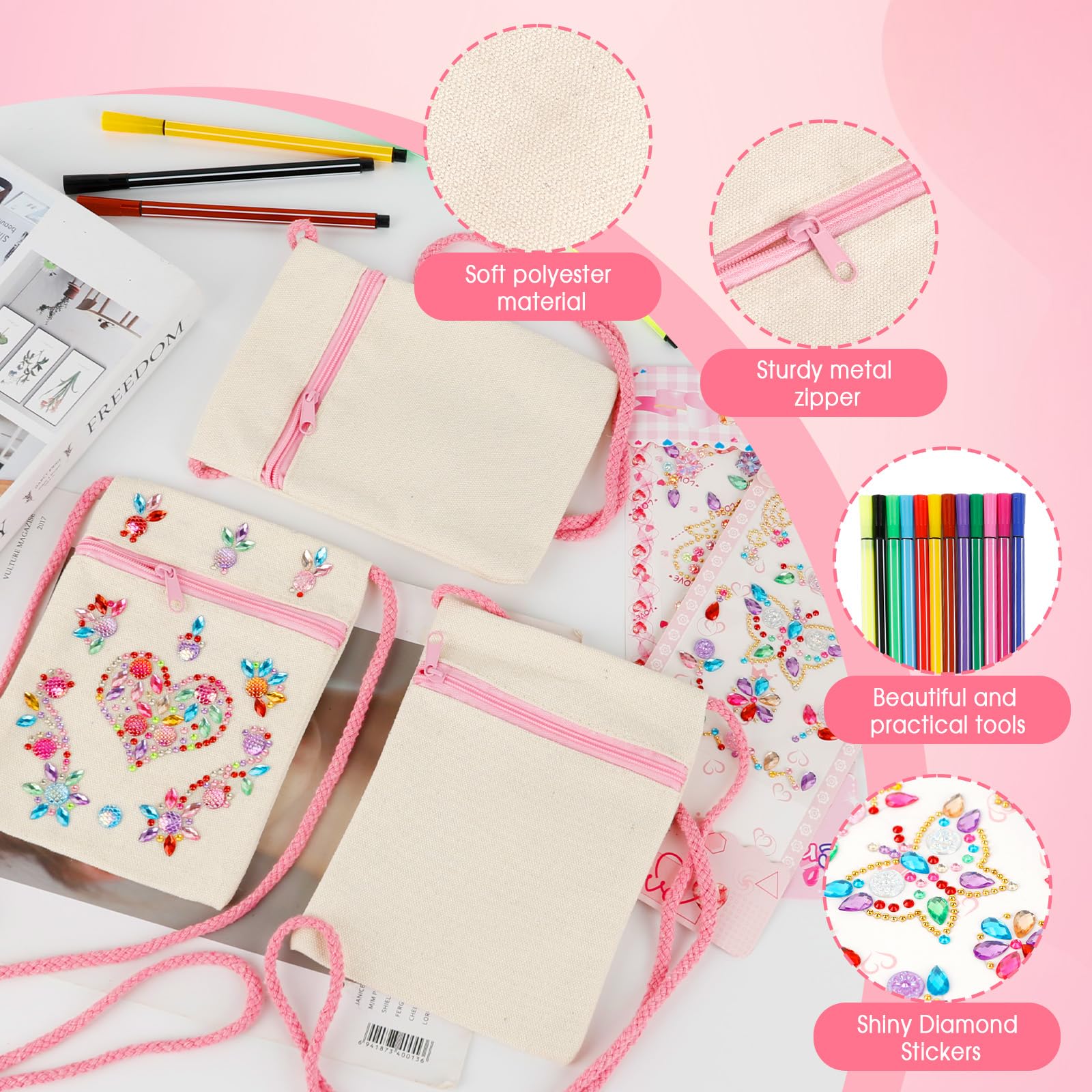 Stoffbeutel zum Bemalen für Kinder,Rosa Umhängegeldbeutel Kinder,Brustbeutel zum Bemalen mit 4 Aufkleber 8 DIY Malschablonen und 12 Buntstift,Kleine Schultertaschen für Schule,Party,Geschenk