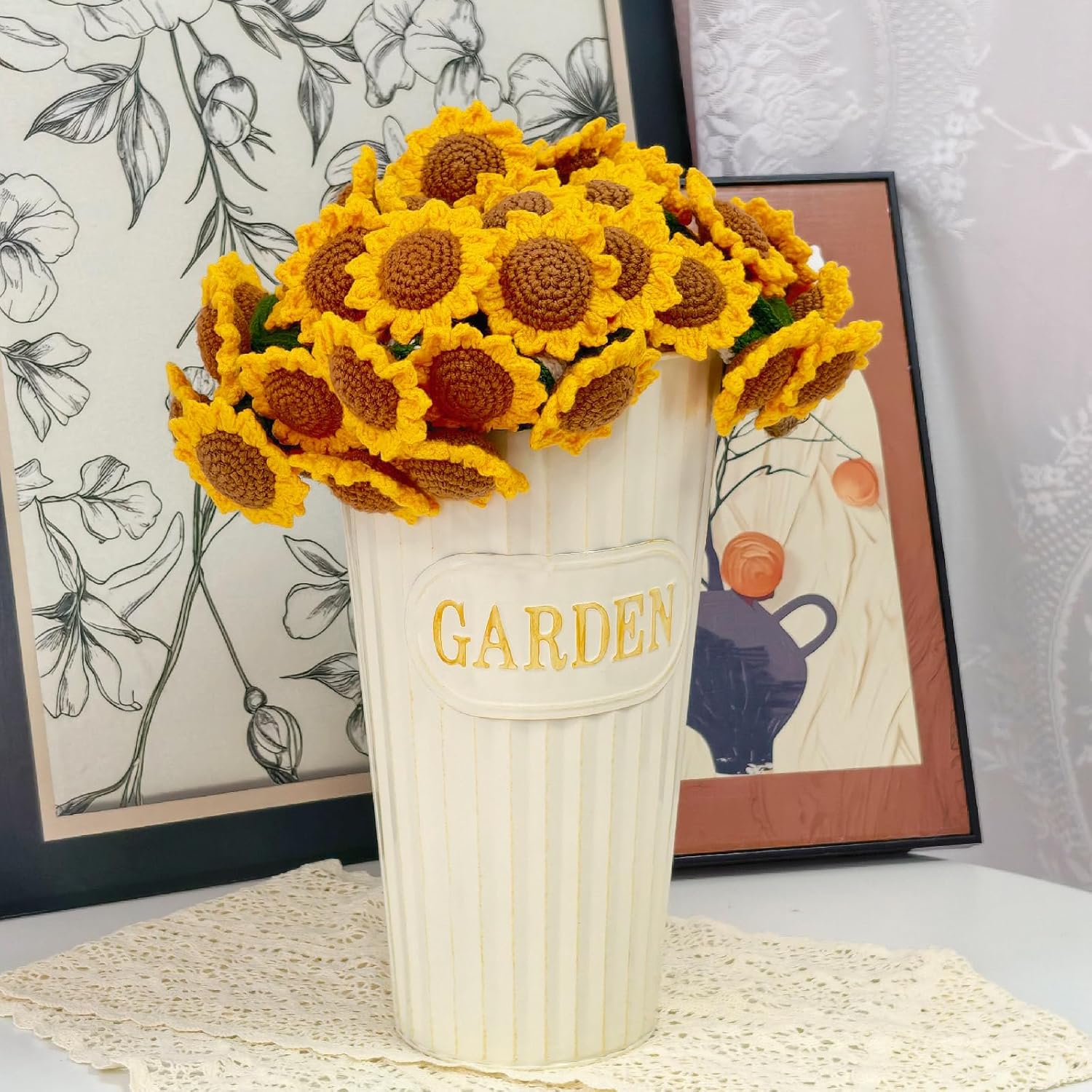 Crochet Sunflower Bouquet Blanket, Handmade Flower Blanket, 40 Inch Round Floral Knitted Gifts for Mother's Day, Grandma Birthday, Teacher, Friend, Home Decor, Sofa（Finished Product）