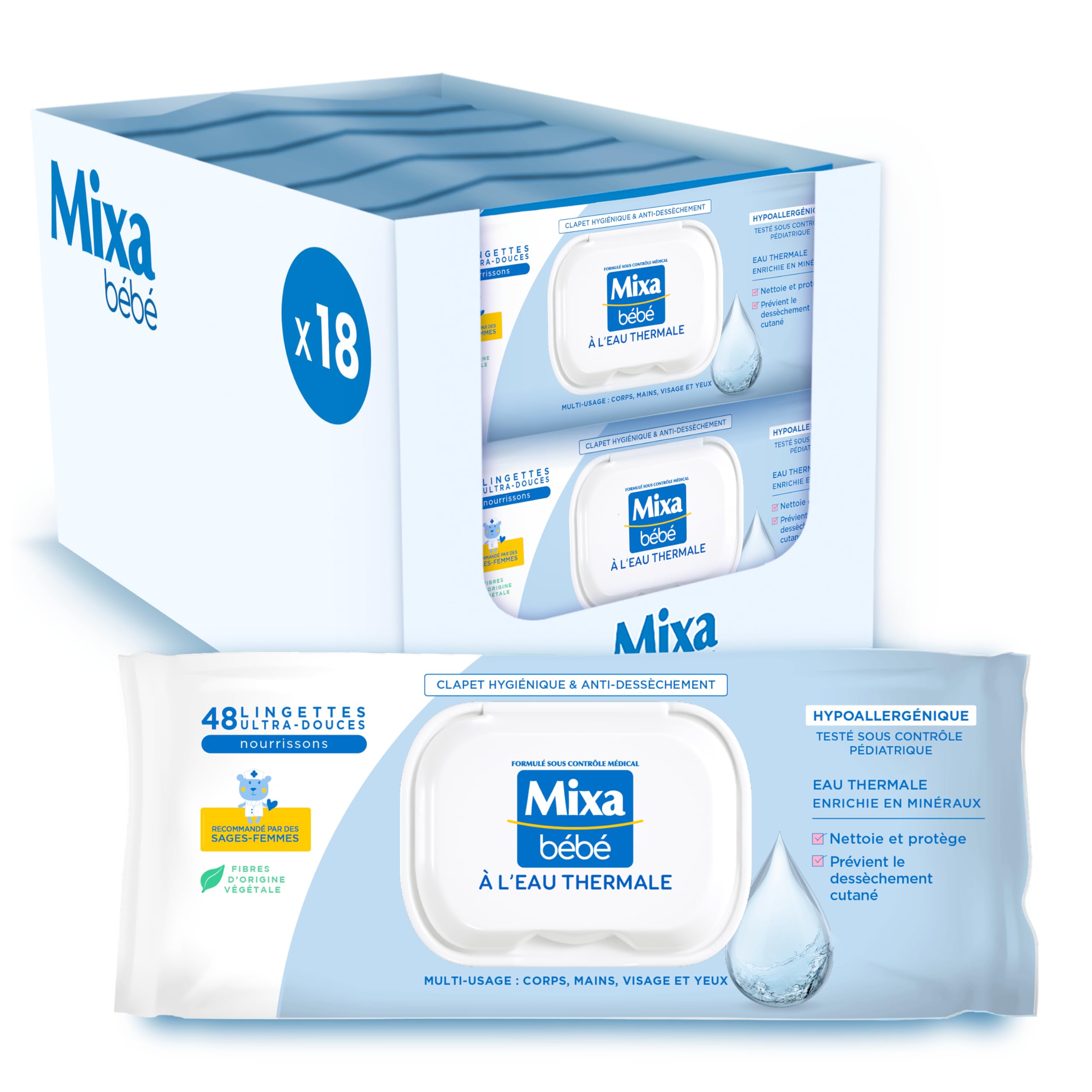 Mixa Baby Thermal Water Wipes - Pack of 18 x 48 Wipes, 48 count (Pack of 18)