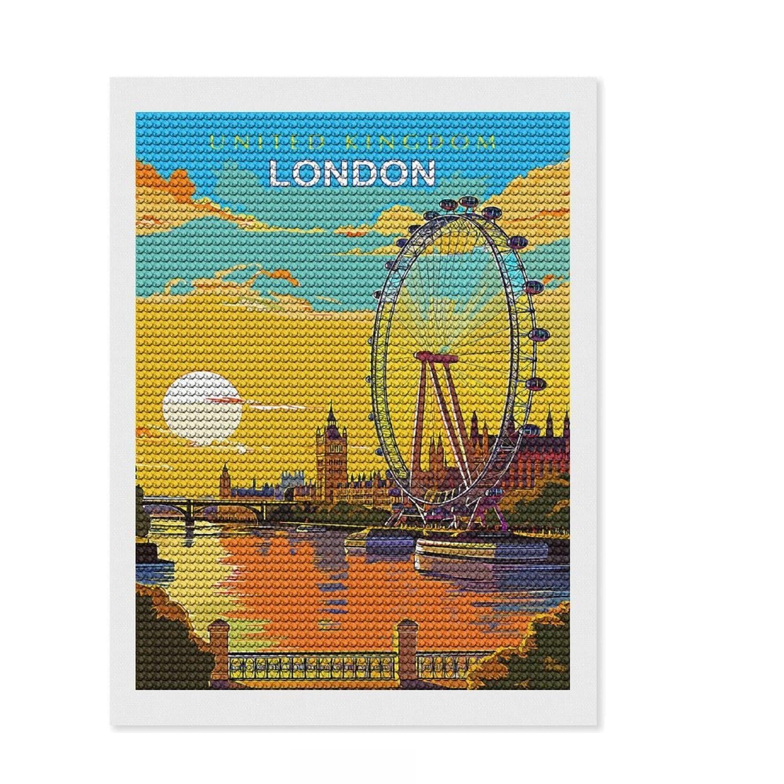 Junmoney London United Kingdom DIY Diamond Art Canvas Kit 12"x16", for Adults, Finish and Display, Birthday Gift, Aesthetic Room Decor