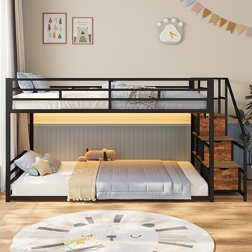 Miniatura 9 de Litera baja individual sobre individual con escalera de almacenamiento, cajones y estantes, luces LED RGB integradas, estación de carga, barandilla