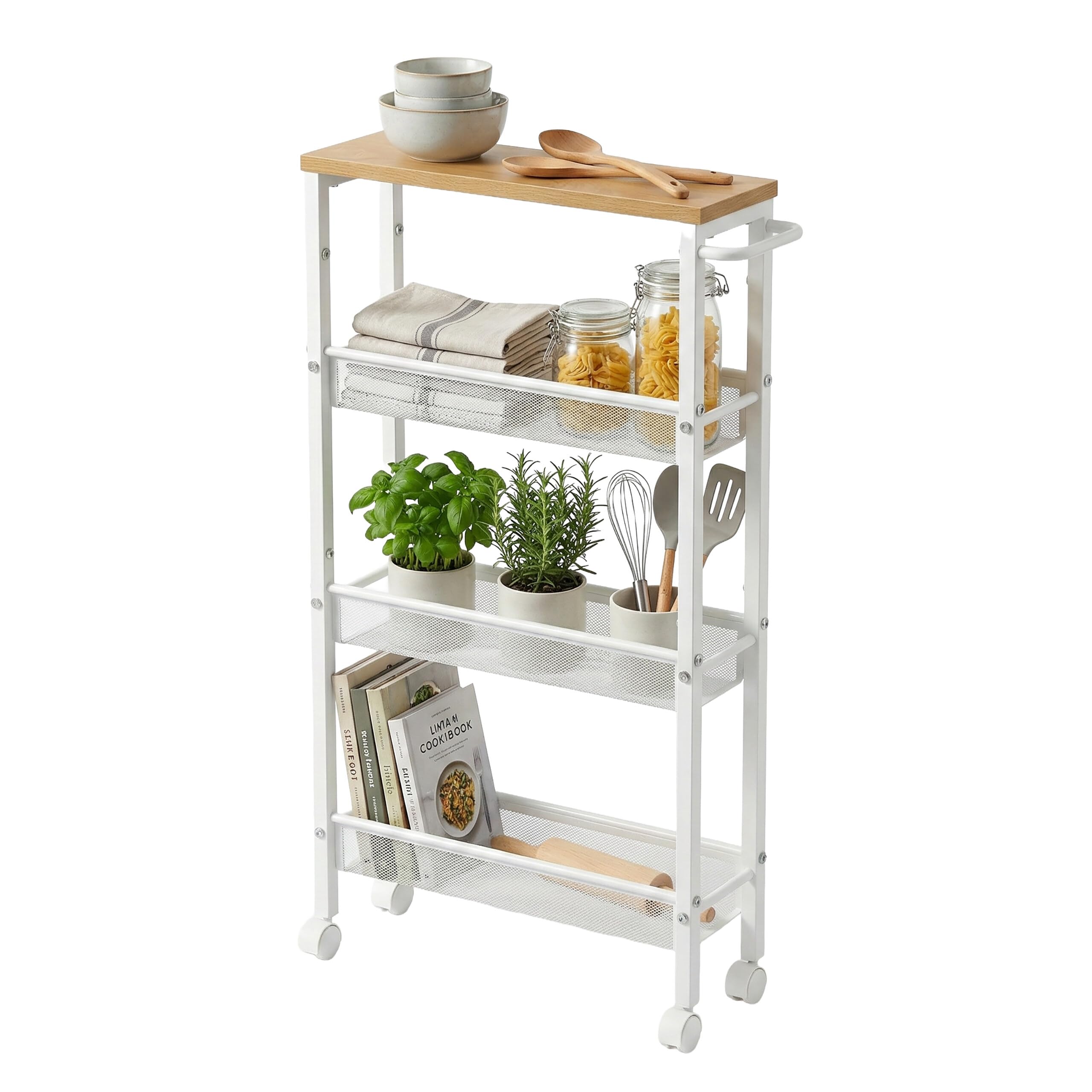 Relaxdays Estantería metálica con 4 Niveles, Ruedas, 77x13x45 cm, para baño y Cocina, Natural/Blanco