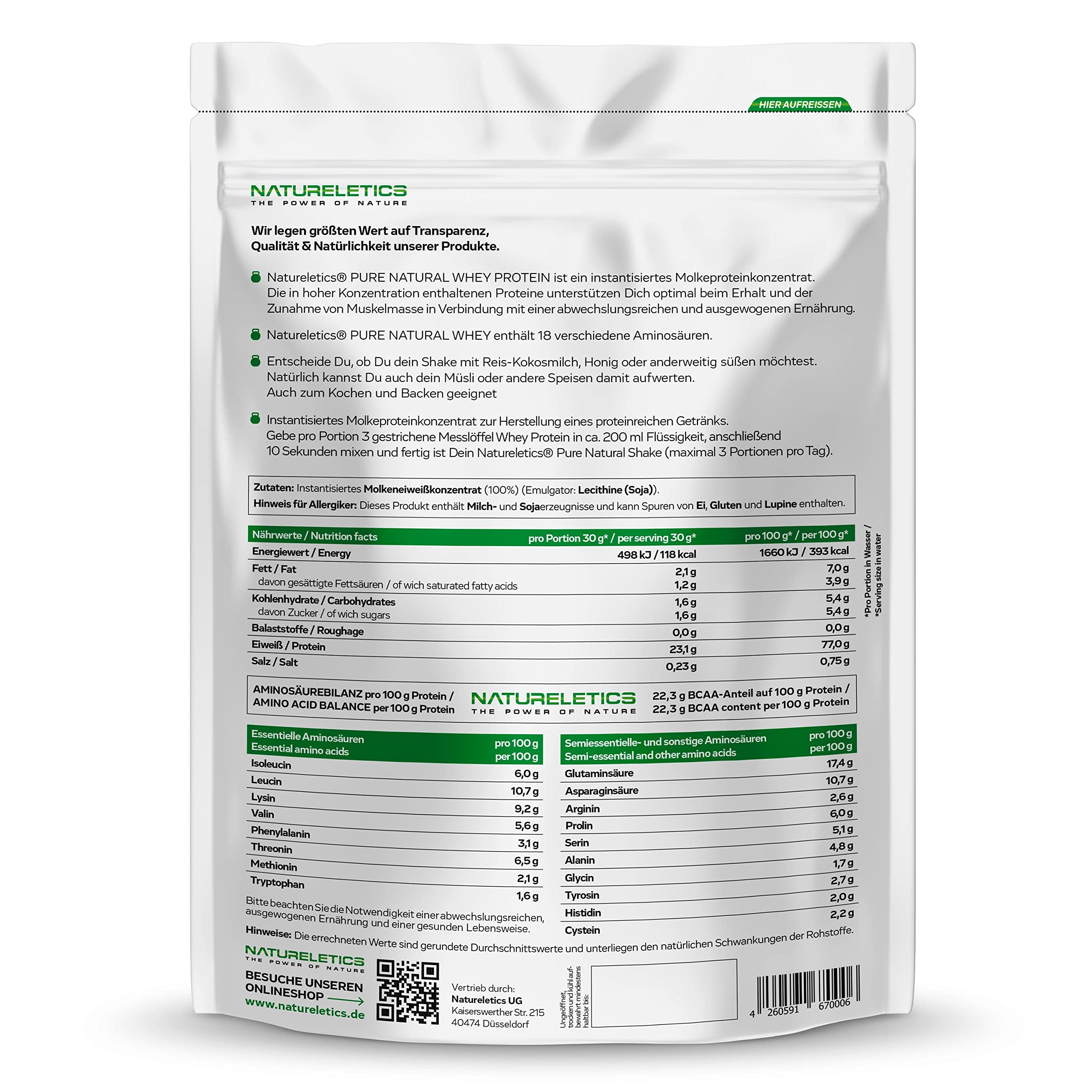 NATURELETICS NEUTRAL Whey Protein Ungesüßt ohne Süßstoffe und Zuckerzusatz Natürliches Premium Eiweißpulver, 1kg ohne Aspartam & Sucralose, Low Carb, Hoher BCAA-Anteil, Made in Germany