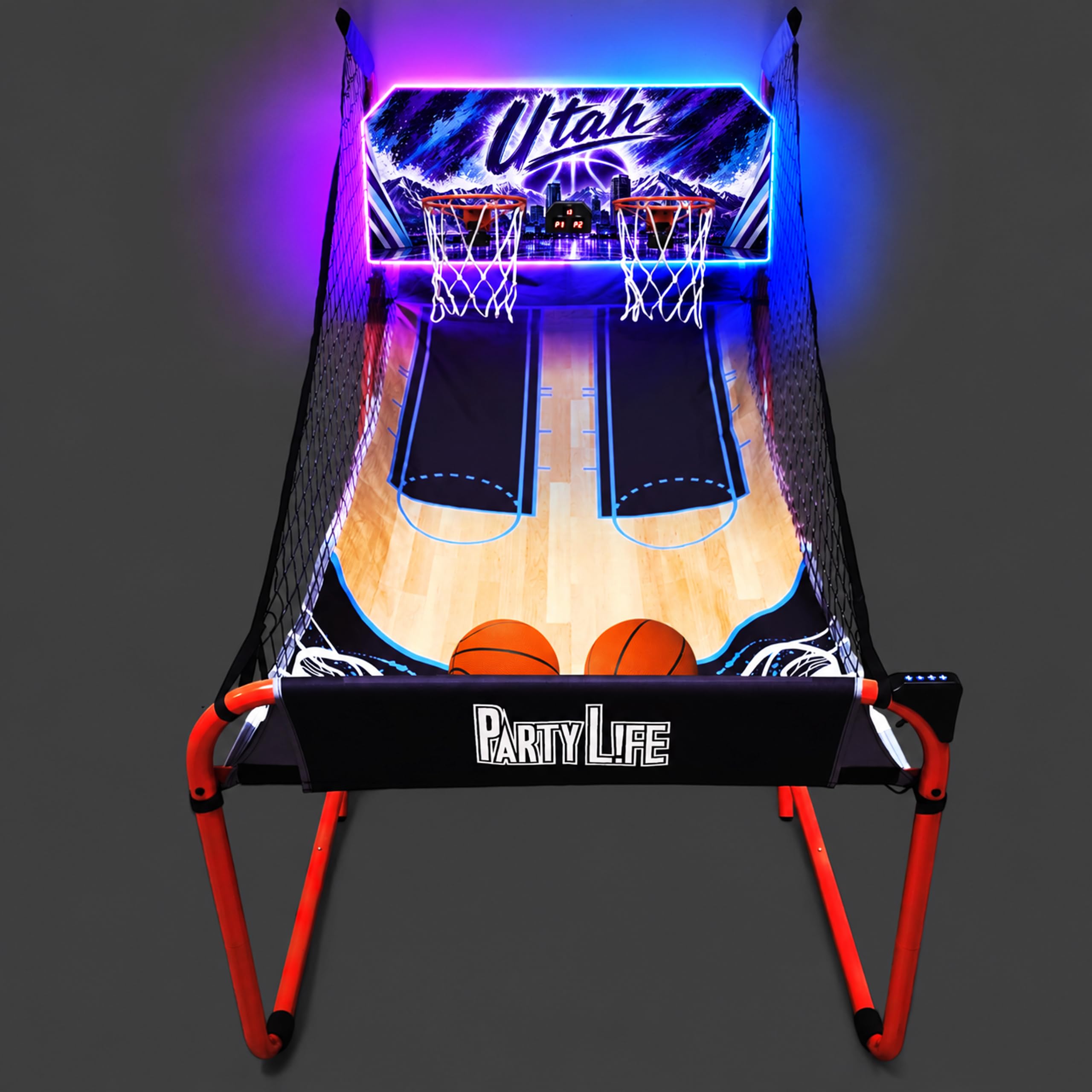 PartyLife 2-Player Basketball Arcade Game w/LED Lights | Electronic Scoring | 5 Balls, 1 Pump, 8 Games | Folding Design | Heavy-Duty Steel Frame