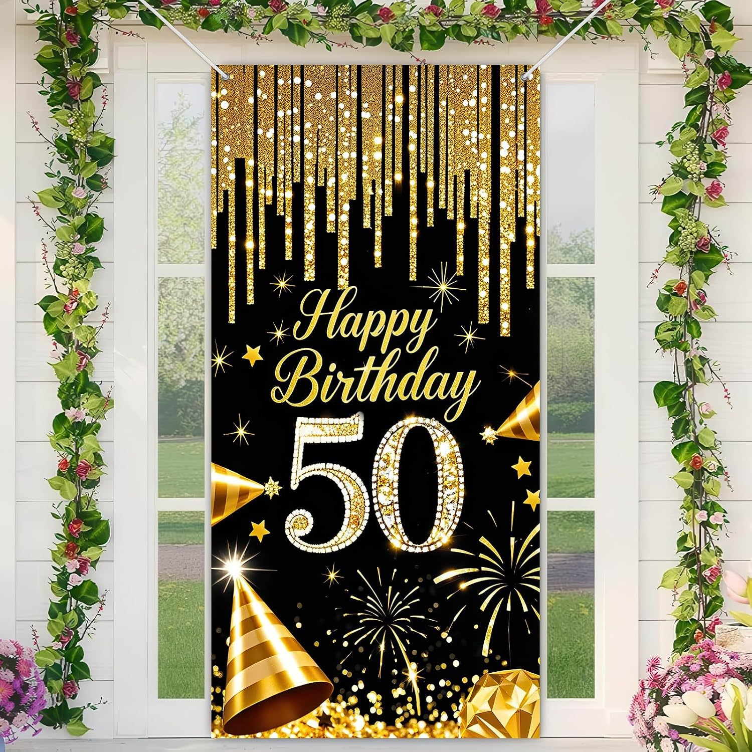 HOMETITUTE 50th Birthday Door Cover 35x71 Inch Black Gold Diamond Decor image 3