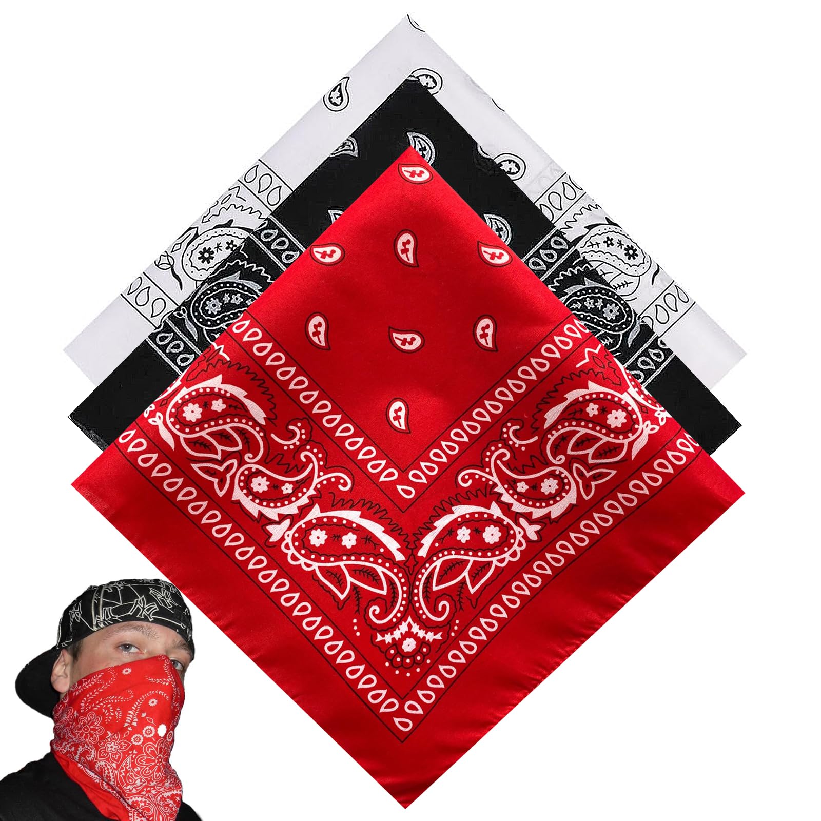 JFGDVW 3 PCS Paisley Bandana, Stylish Cotton Bandanas for Women and Men, Black Bandana, forCycling Headband Face Mask Neckerchief Handkerchief Face Mask(Black, White, Red)