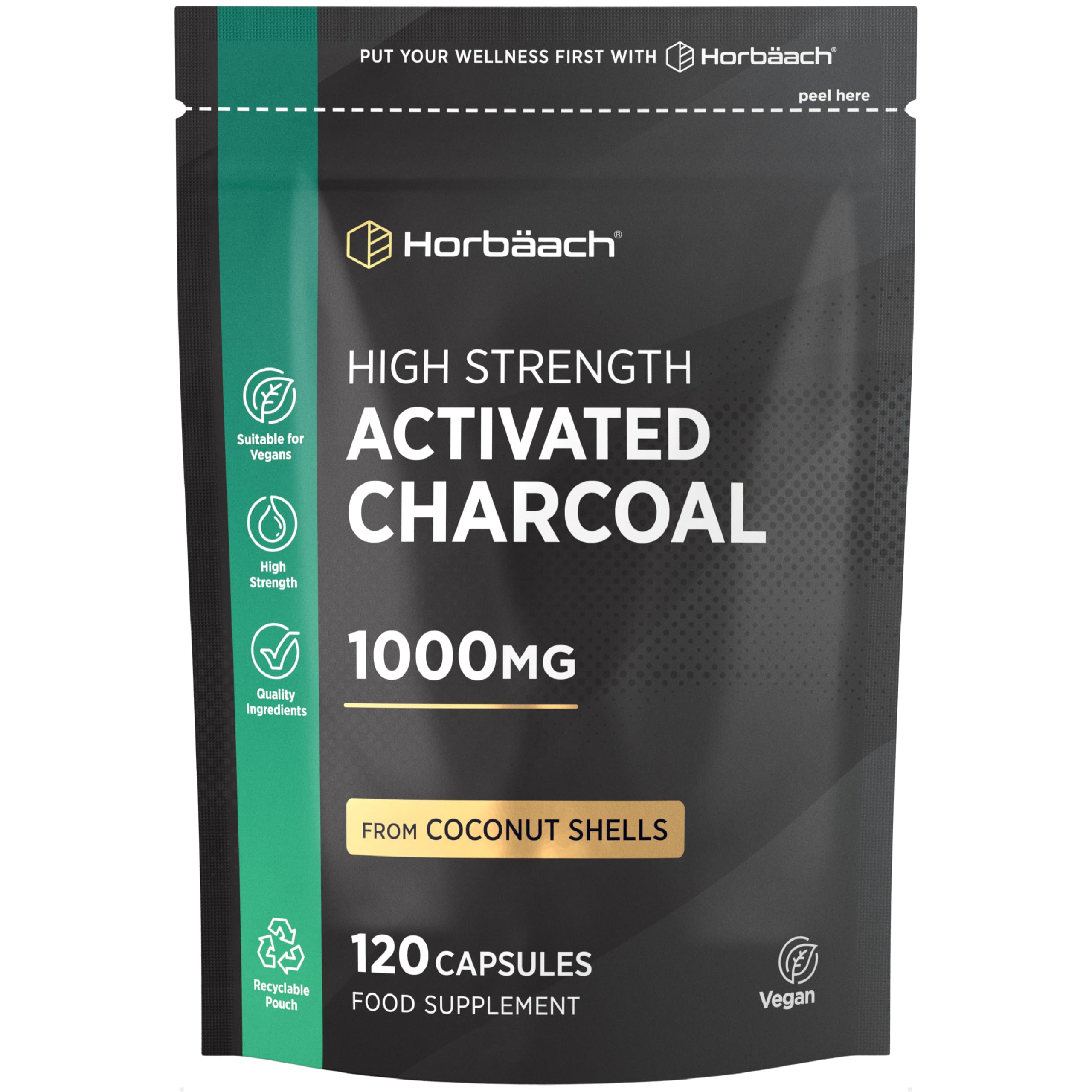 Activated Charcoal Capsules | High Strength 1000mg | Supplement from Natural Coconut | 120 Vegan Tablets | by Horbaach