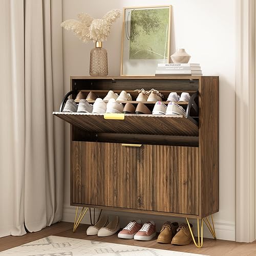 Vista 24 de Armario de zapatos con 3 cajones abatibles, armario de zapatos de mediados de siglo para entrada, gabinete de almacenamiento delgado y oculto