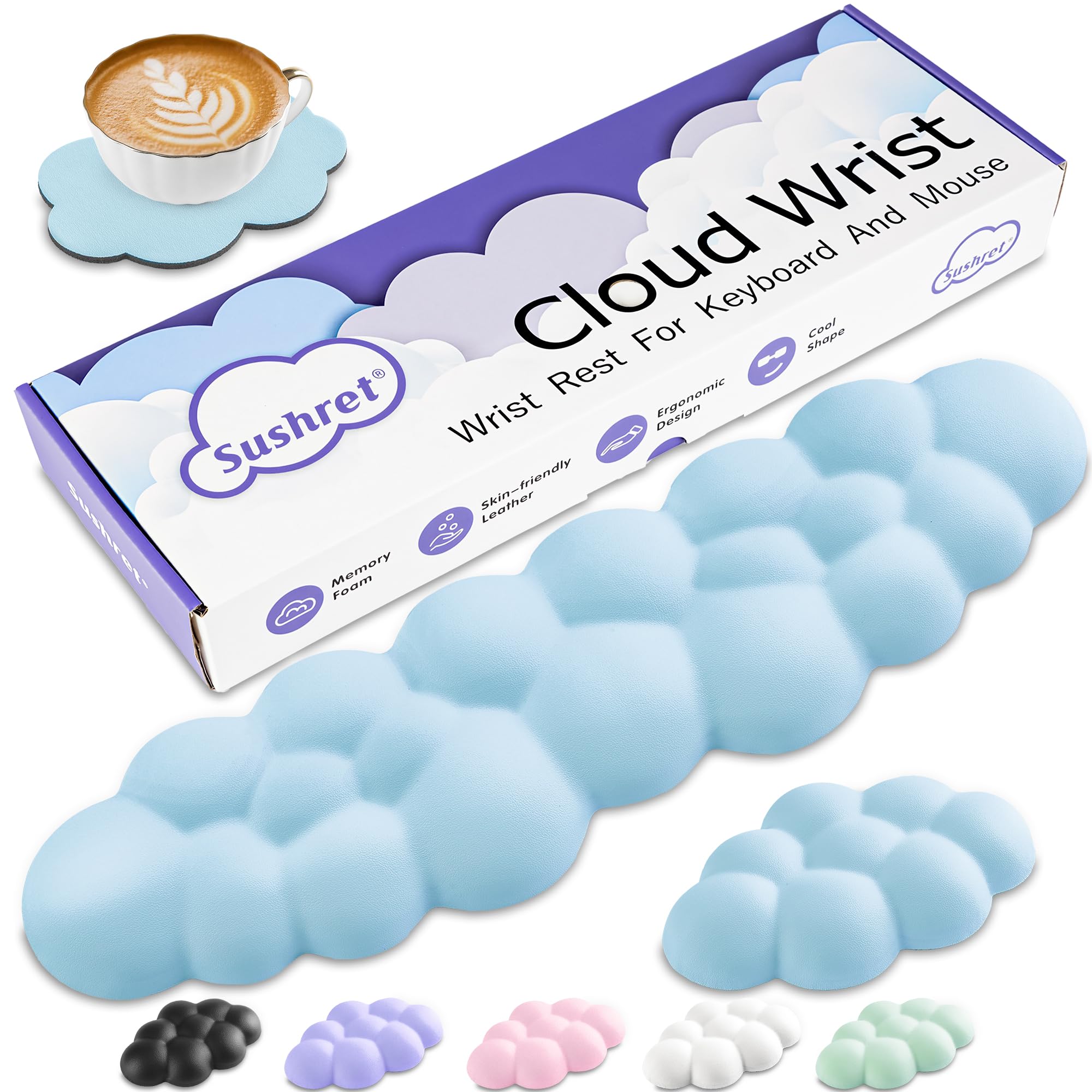Wrist Rest Cloud,Cloud Palmrest Set with PU Leather Memory Foam,Cute Wrist Rest Keyboard for Wrist Support and Armrest,Desk Cloud Wrist Pad for PC/Game/Hand Cushion/Computer(Blue)