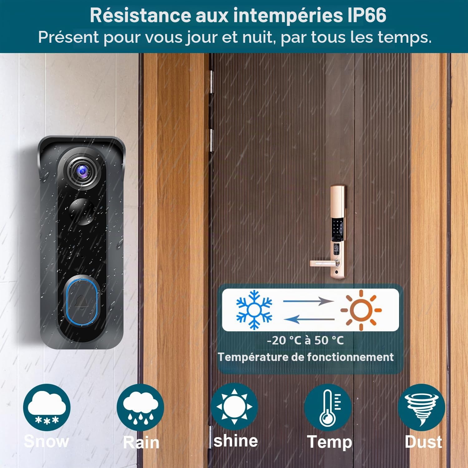 Sonnette vidéo sans fil avec carillon, sonnettes de porte intelligentes WiFi avec changeur de voix, détection de mouvement PIR, HD 1080P, vision nocturne, audio bidirectionnel, alimentée par batterie