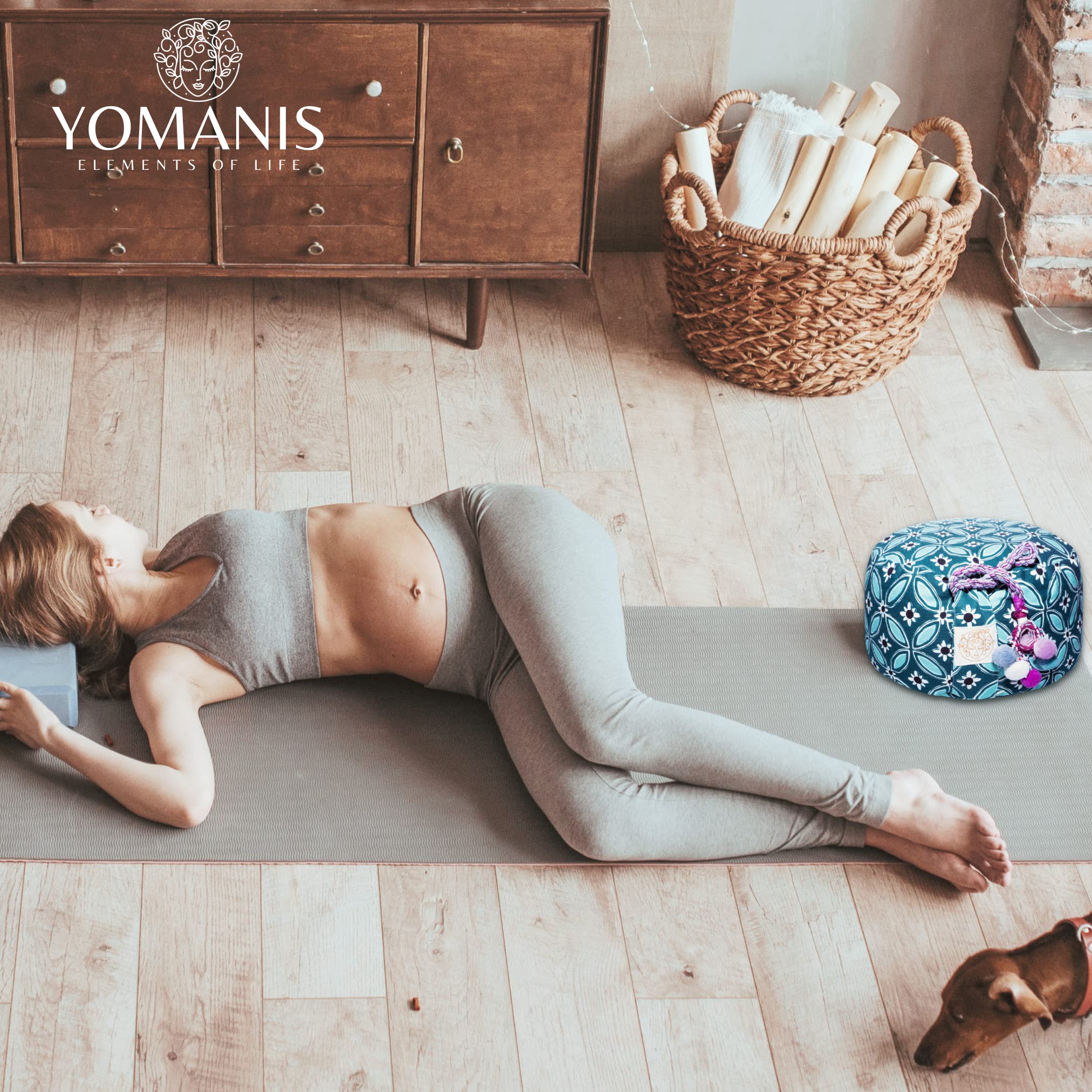 Cuscino da meditazione Zafu 31 cm rotondo 18 cm altezza seduta sociale & equo cotone biologico certificato Öko Tex Bioland farro spelz Demeter Mühle Yoga cuscino da viaggio con bastone