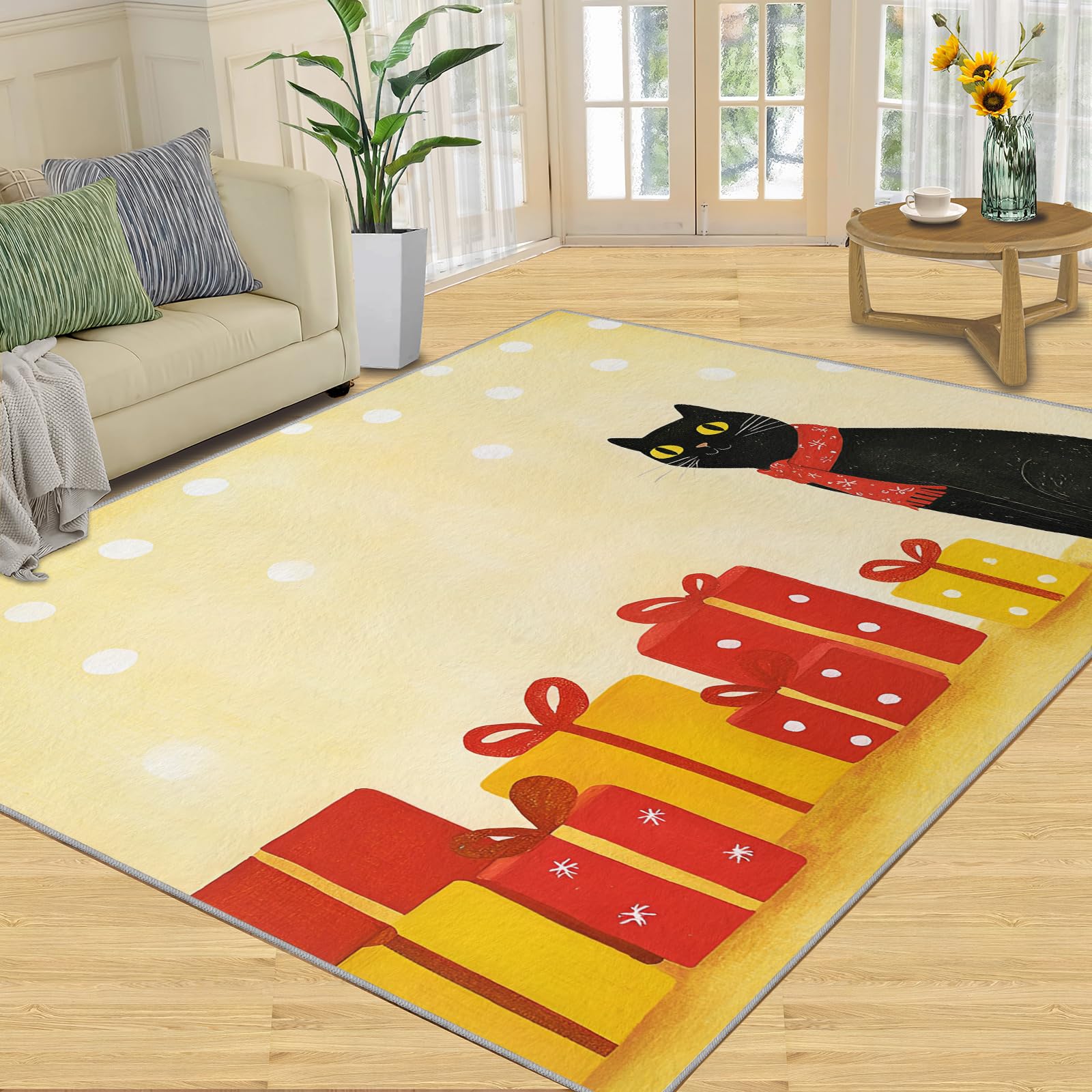 Tapis chat noir de salon et chambre - Décoration de Noël lavable 180x200