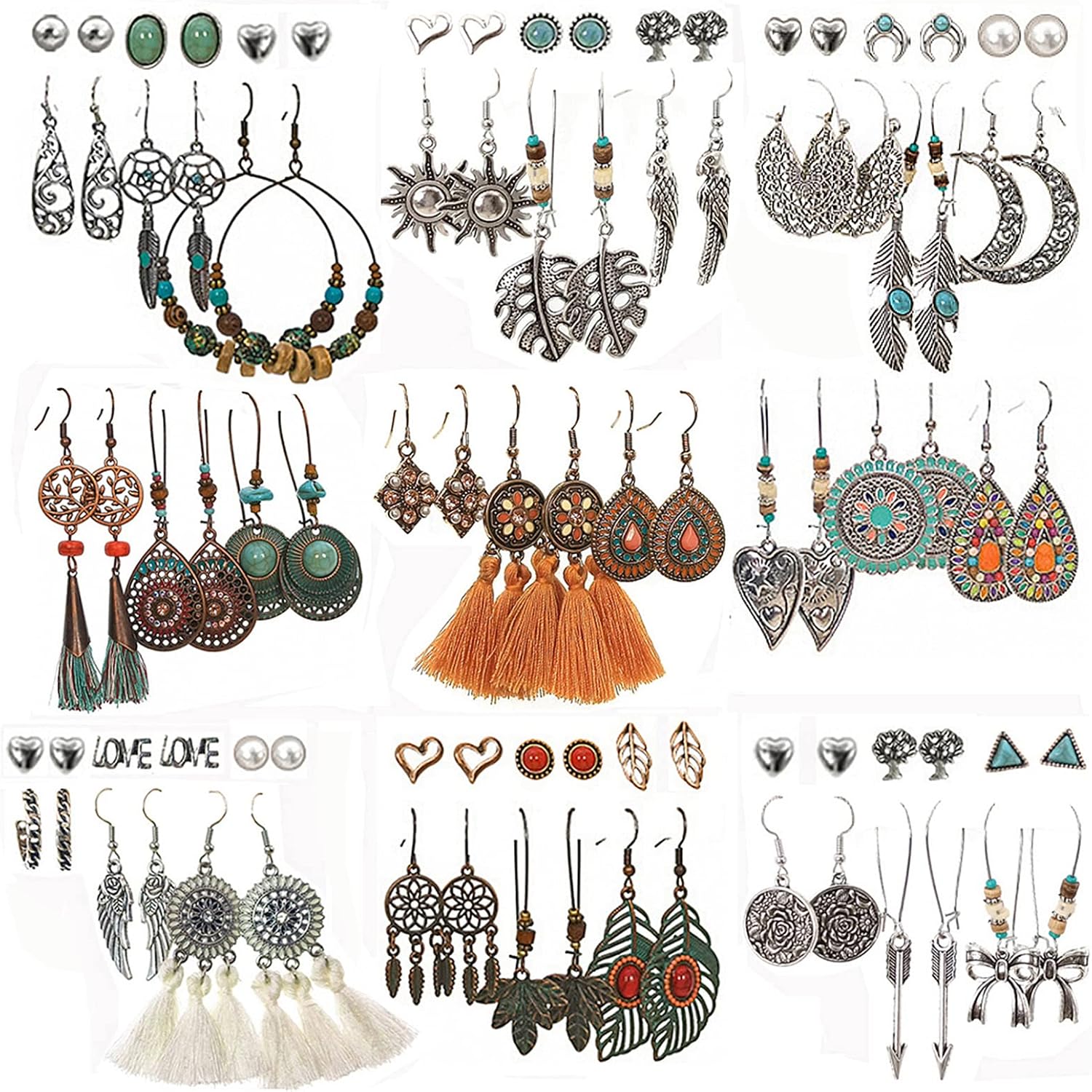 JMScape 45 Pairs Bohemian Vintage Drop Dangle Earrings Set for Women Girls, Fashion Boho Earrings National Style Tassel Eardrop Hollow Bronze Waterdrop Leaf Jewelry for Birthday/Christmas Gifts,
