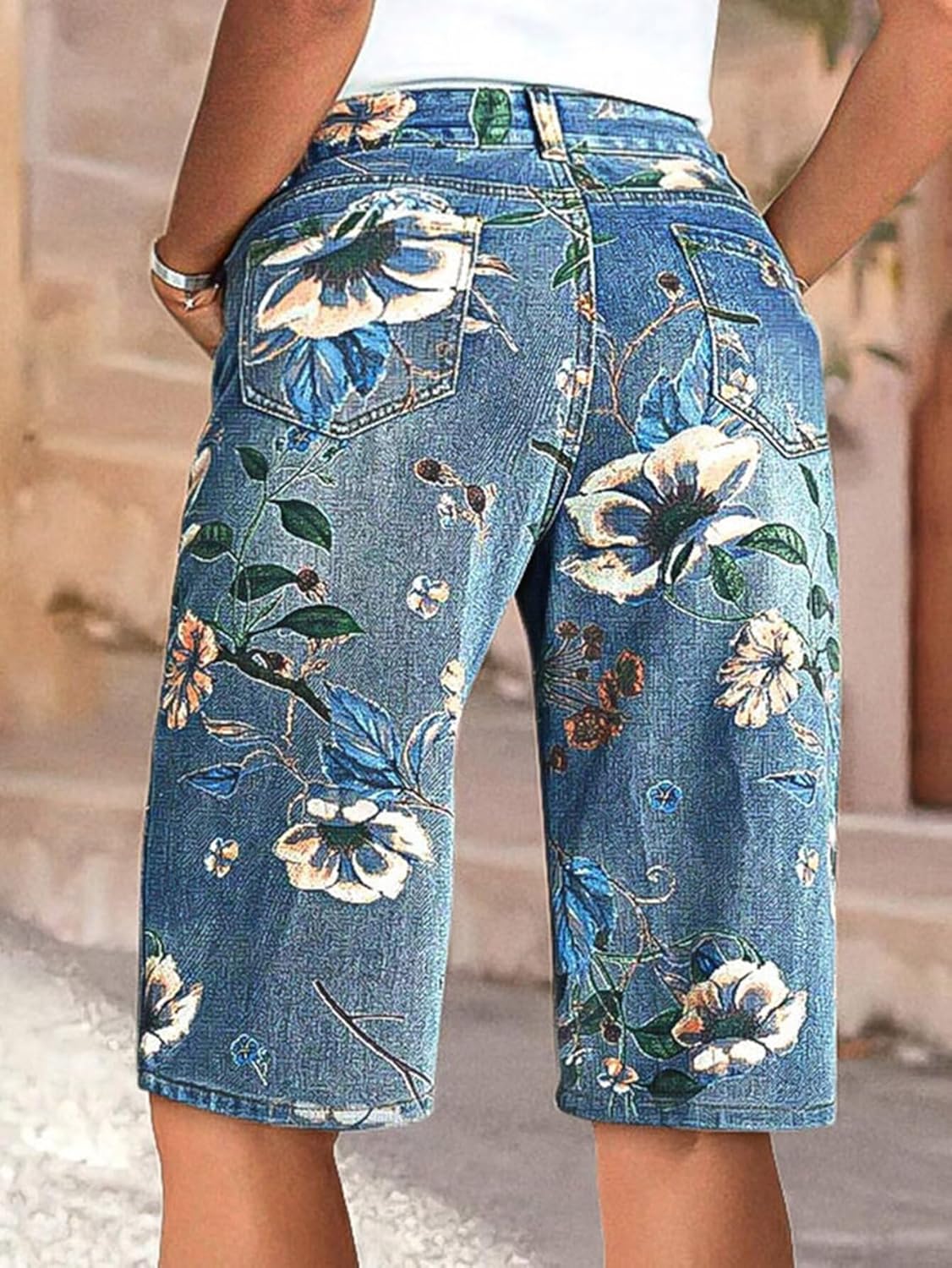 Flamingals High Waisted Bermuda Shorts for Women Knee Length Floral Print Stretchy Summer Denim Shorts Trendy - Image 3