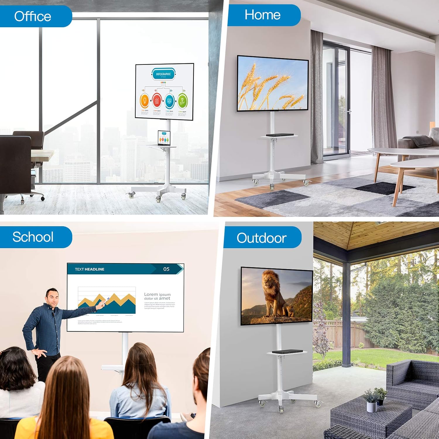 Mobile TV Cart w/Wheels for 23 to 55 inch LCD LED 4K Flat Curved Screen TVs, Height Adjustable Shelf Trolley Floor Stand Holds up to 55lbs, Monitor Holder w/Tray Max VESA 400x400mm PSTVMC04W White : Office Products