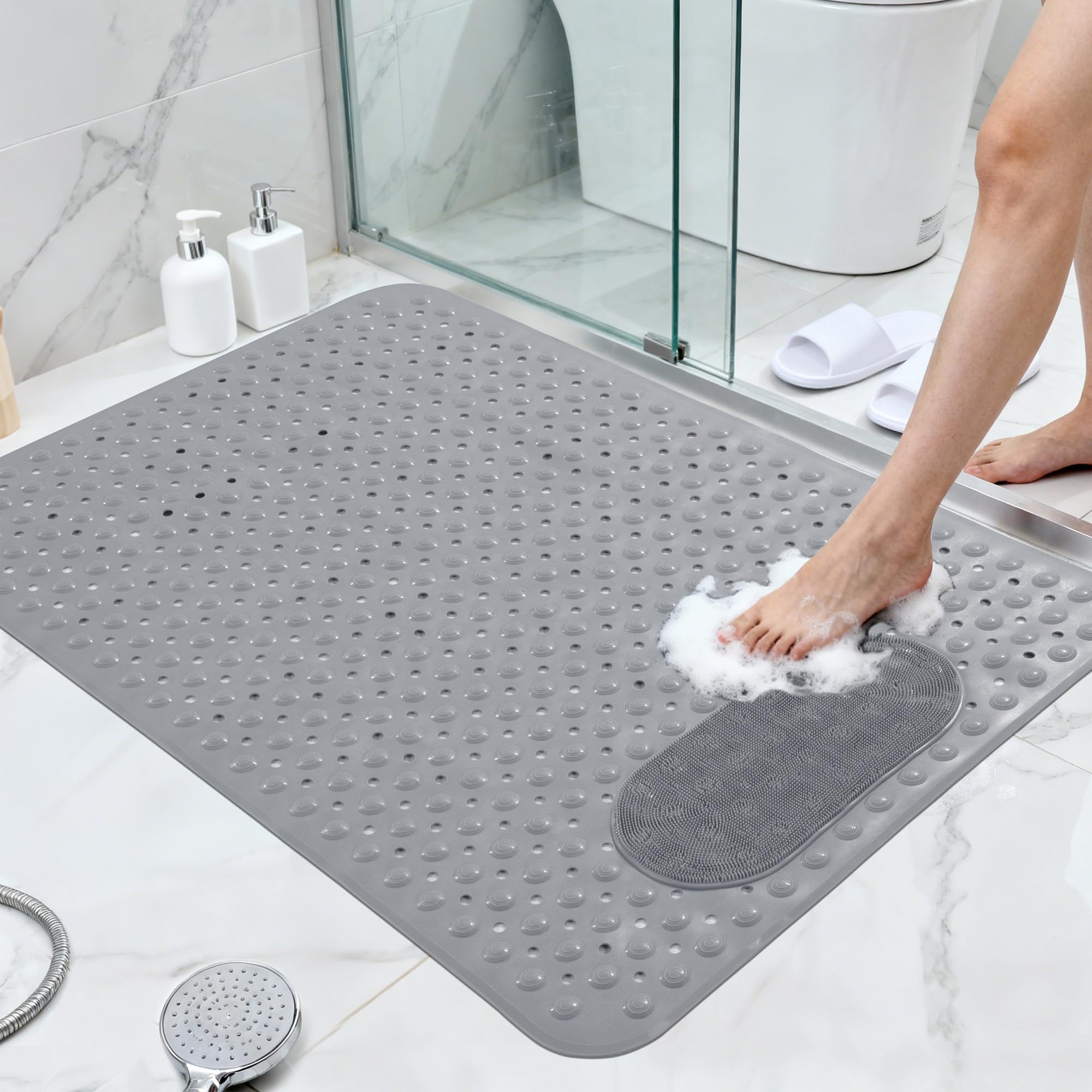 MABOZOO Rutschfeste Duschmatte, 122 x 80 cm, extra große Badewannenmatte mit Fußschrubber, Badematte mit rutschfesten Saugnäpfen und Abflusslöchern für Badezimmerboden, Grau
