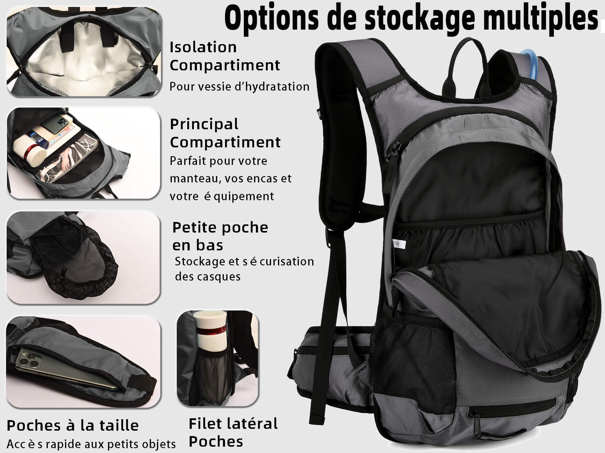 Sac à Dos d'hydratation 18l, Sac à Dos Vélo isolé avec Poche à Eau 2l pour VTT Randonnée Ski Snowboard Femme Homme