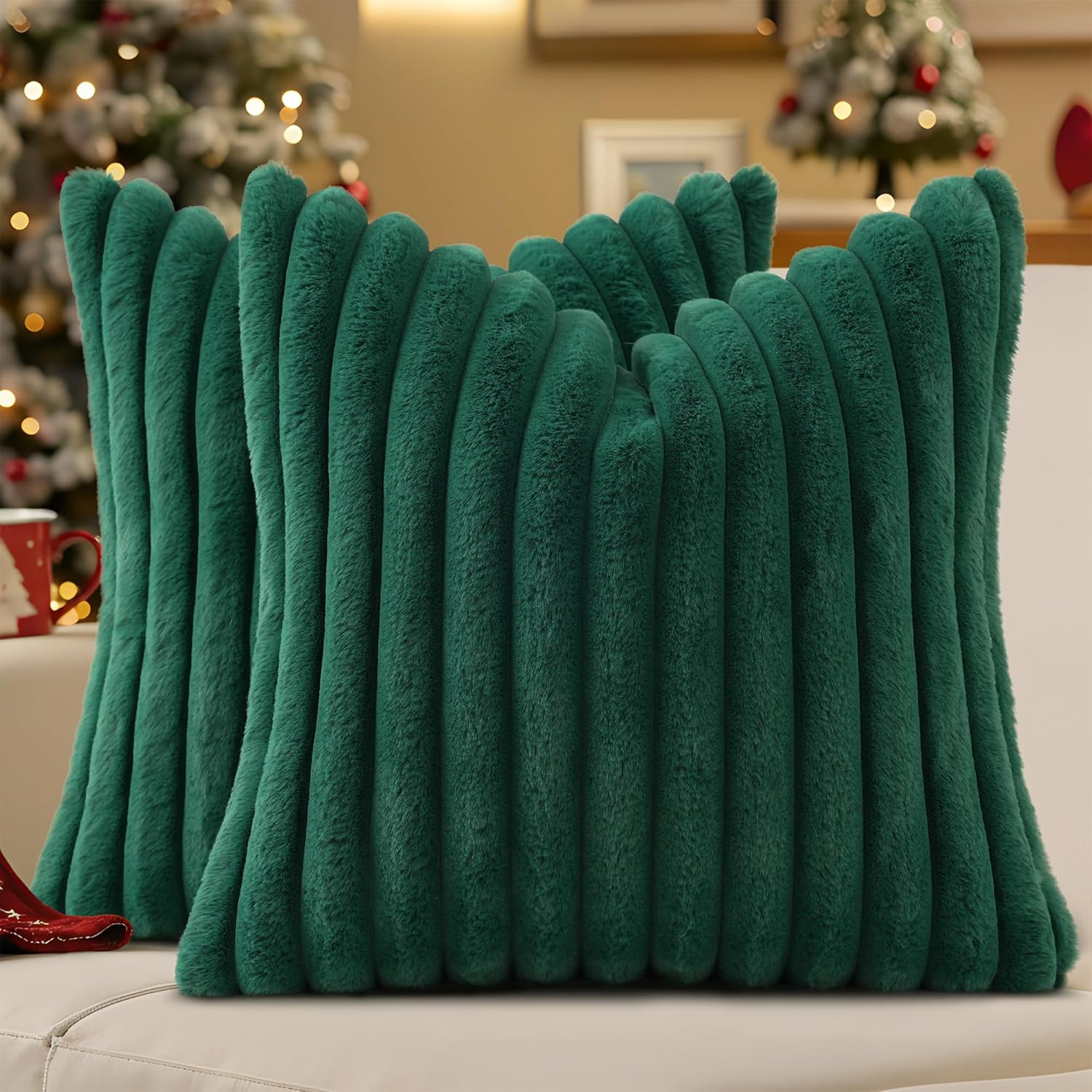 decoruhome faux fur christmas throw pillow covers 26x26 set of 2, decorative soft plush striped neutral couch euro pillow covers with velvet back for sofa, bed, living room home decor, christmas green christmas green 26" x 26" (pack of 2)
