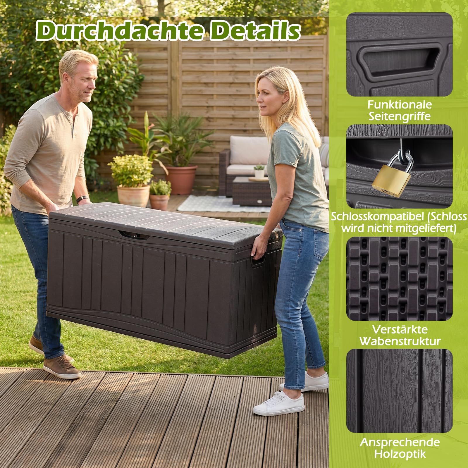 COSTWAY Gartenbox 300L, Auflagenbox mit abschließbarem Deckel & Gasdruckfedern, Aufbewahrungsbox wetterfest, Kissenbox Outdoor für Paketzustellung, Gartengeräte, Kissen & Poolzubehör (Braun)