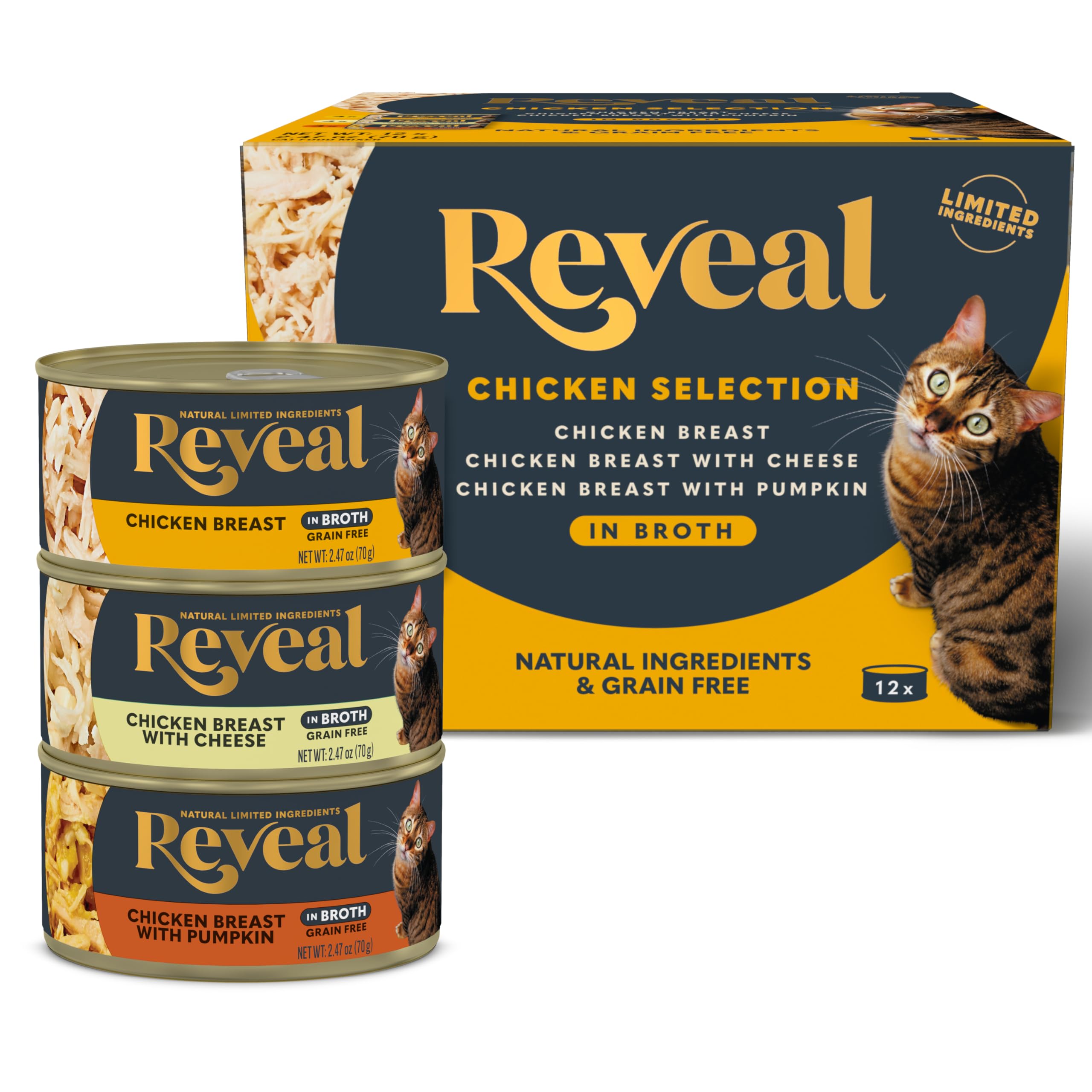 Reveal Natural Wet Cat Food, 12 Count, Grain Free, Limited Ingredient Canned Food for Cats, Chicken Variety in Broth, 2.47 oz Cans