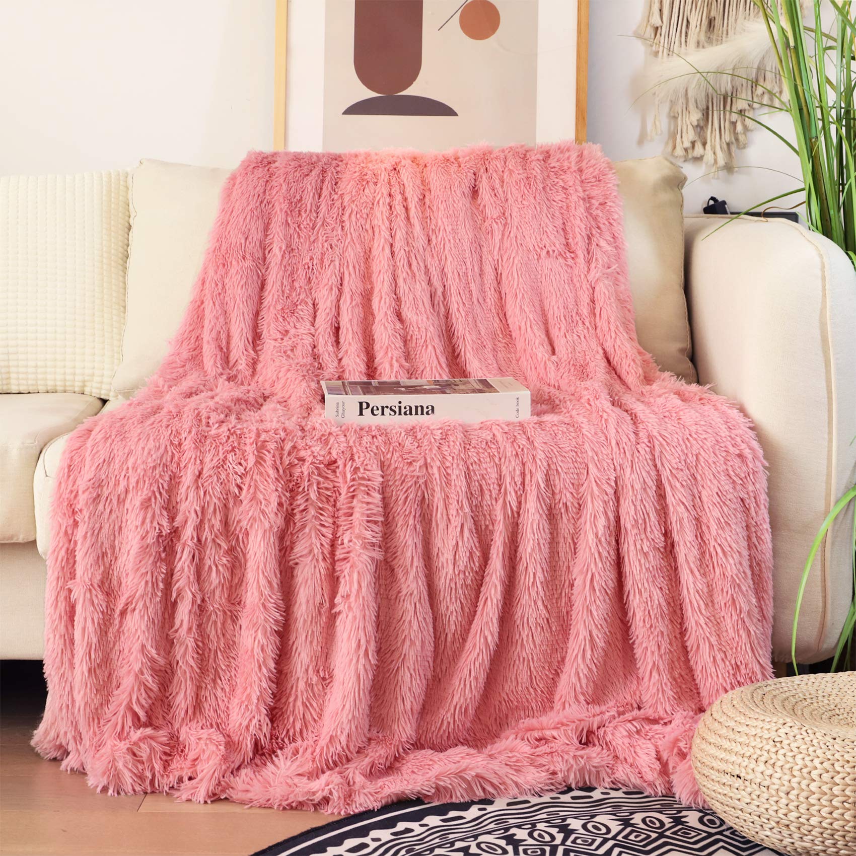 Tuddrom Decorative Extra Soft Faux Fur Blanket Queen Size 80" x 90",Solid Reversible Fuzzy Fluffy Cozy Plush Fleece Comfy Microfiber Fur Blanket for Couch Sofa Bed,Pink