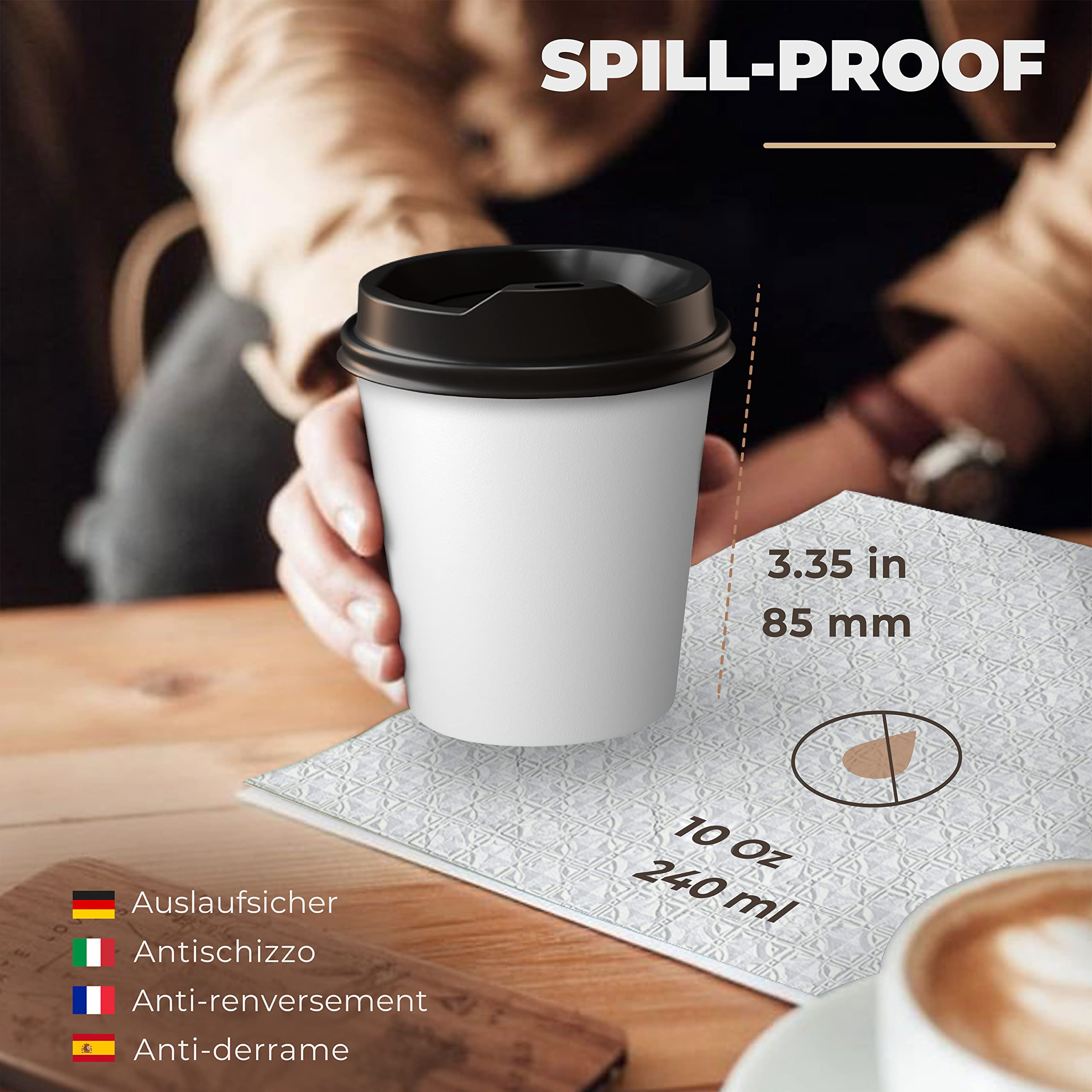 100 białych papierowych kubków z pokrywką 240 ml na kawę do zabrania ze sobą