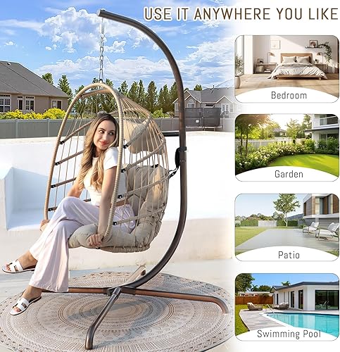 Miniatura 8 de RADIATA Silla plegable de mimbre colgante con soporte, silla oscilante con cojín y almohada, silla de descanso para interiores y exteriores,