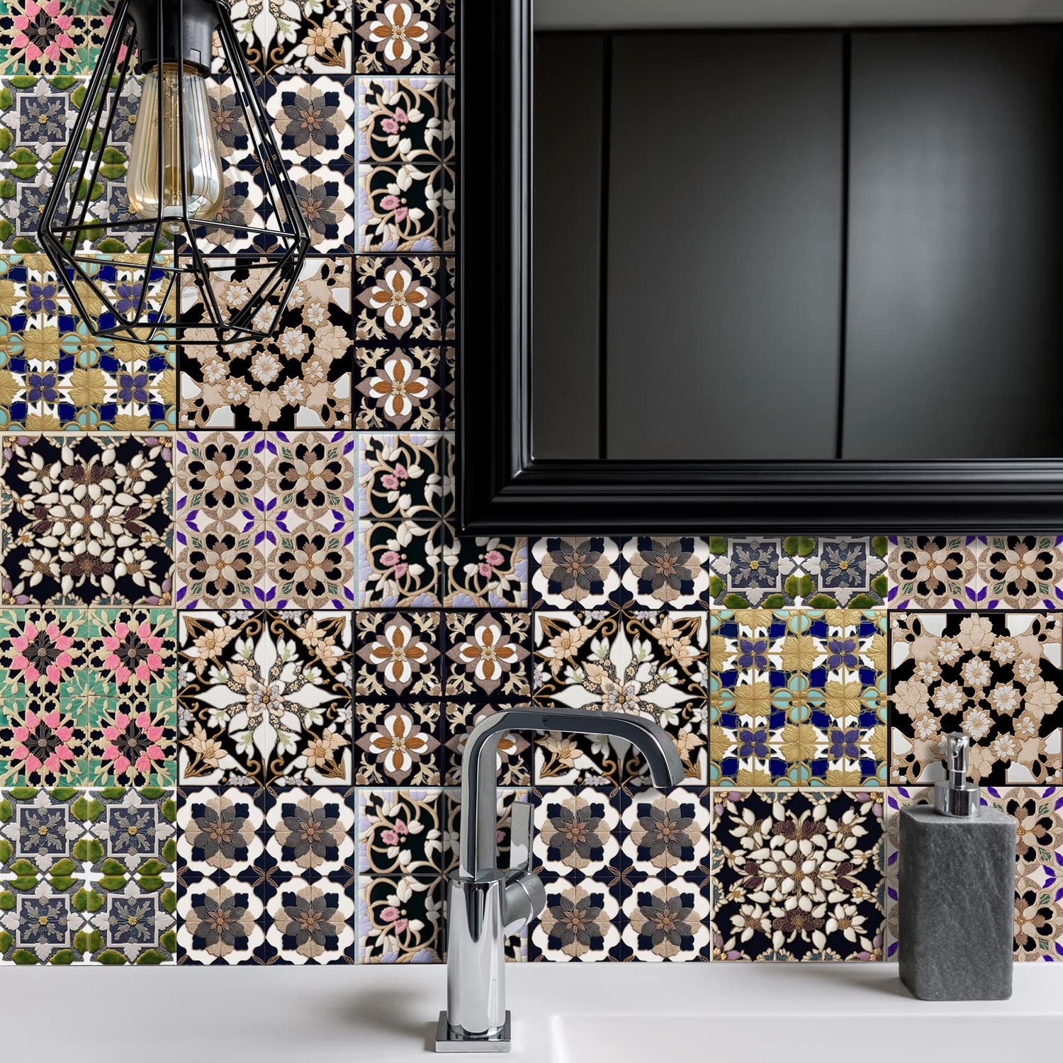 Alwayspon 24Pcs 20cm/8inch Retro Wall Tile Sticker, 3D Effect Waterproof Sticky Back Vinyl Sticker for Kitchen & Bathroom