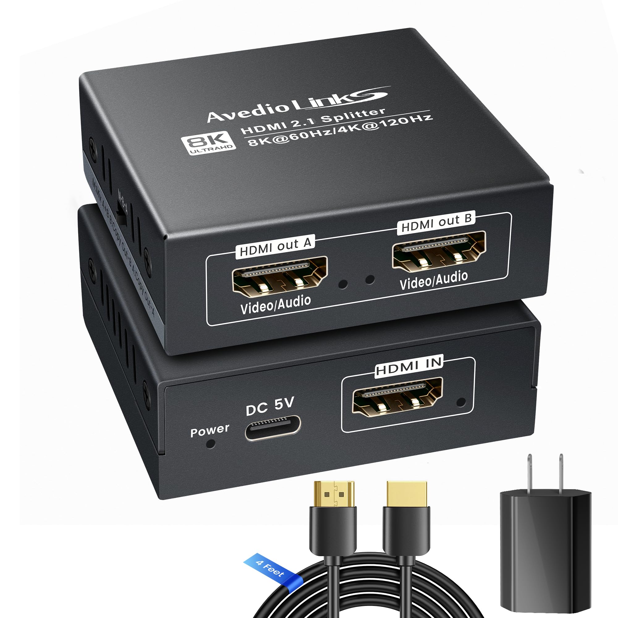 HDMI 2.1 Splitter 1 in 2 Out 8K@60Hz w/ 4ft 8K HDMI Cable, HDCP 2.3 4K@120Hz HDMI Audio Splitter for Soundbar, Support VRR, ALLM, HDR10+, Dolby Vision/Atmos 7.1ch, Down Scaler, 48Gbps for PS5