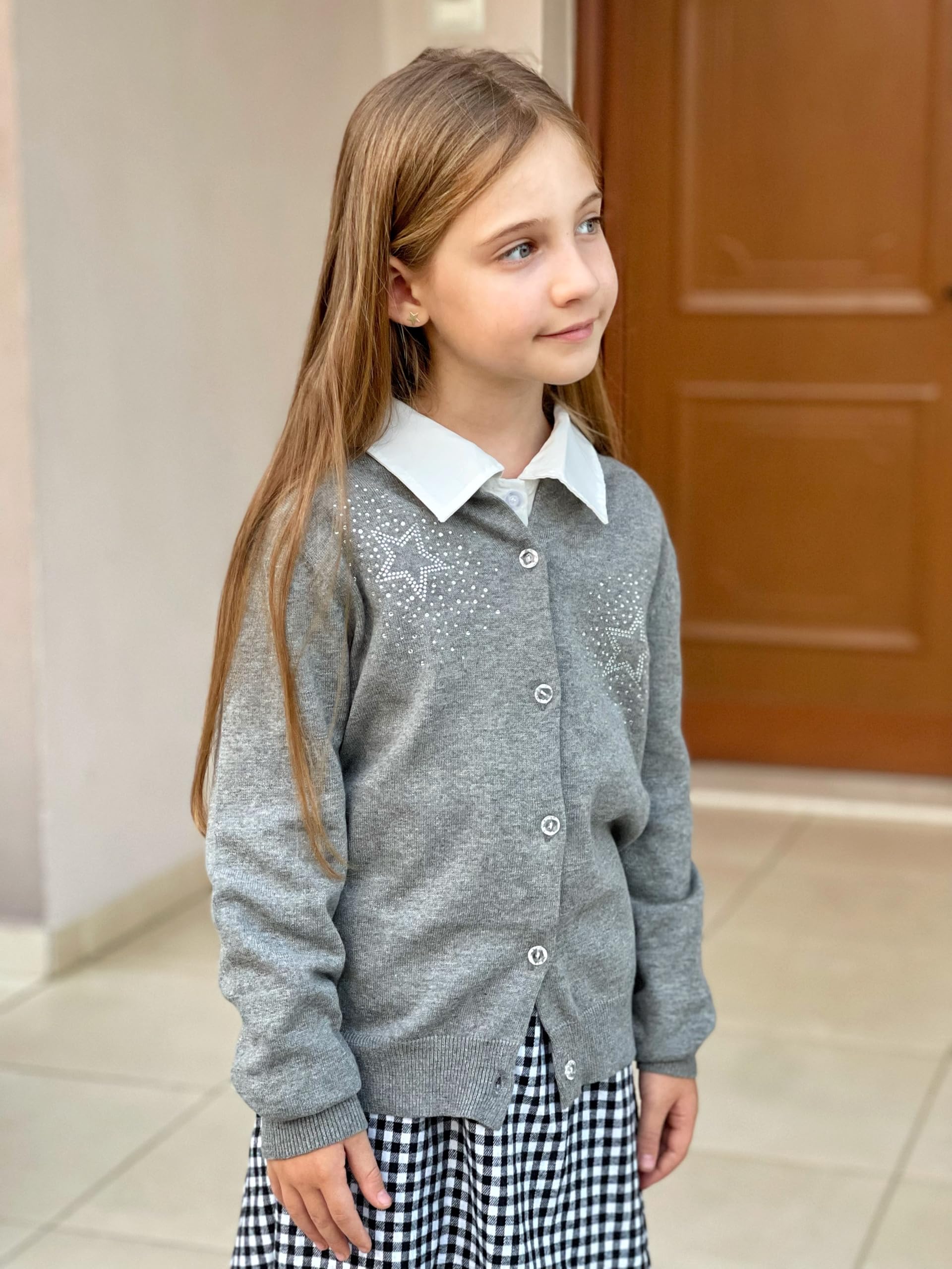 Rolanko Niñas Cardigans, Algodón de Manga Larga Button Down Ropa Escolar Básica, Suéter de Cuello Redondo
