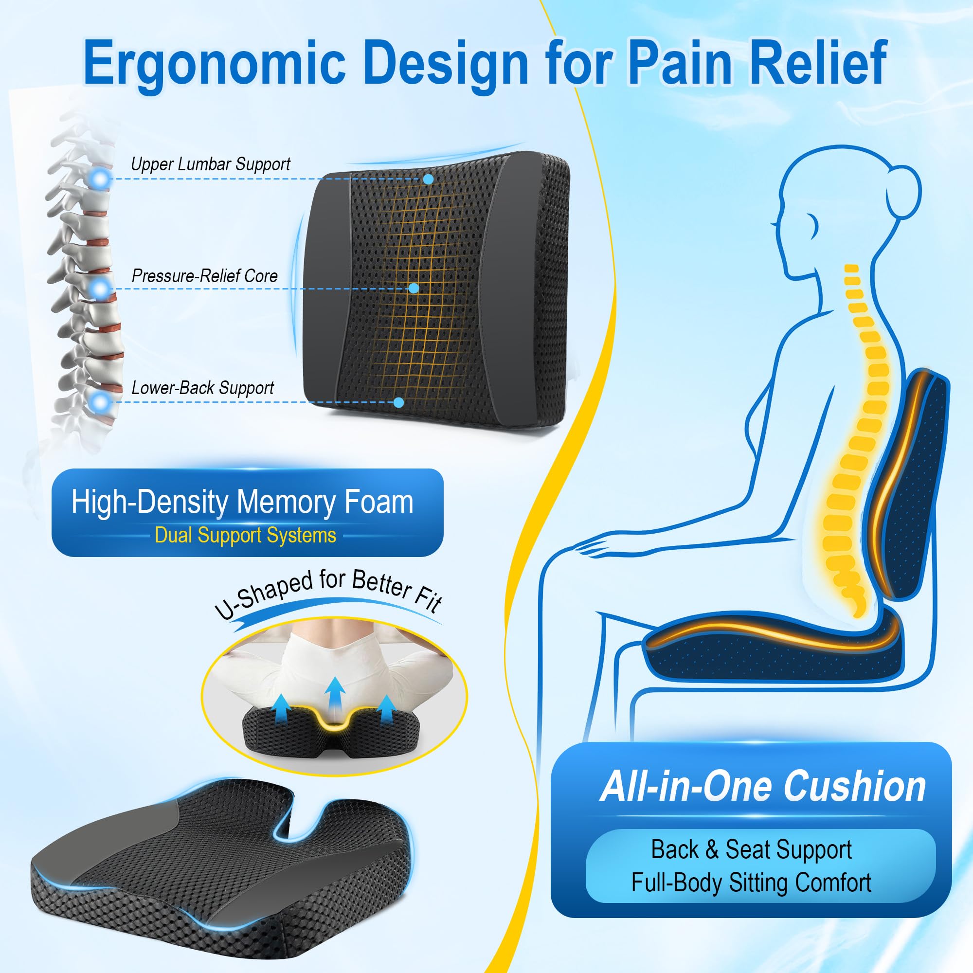 Cojines traseros y cojines de asiento: cojín de espuma viscoelástica para asiento de coche con cojín de apoyo lumbar para una conducción prolongada, cojín de silla de oficina para alivio del dolor