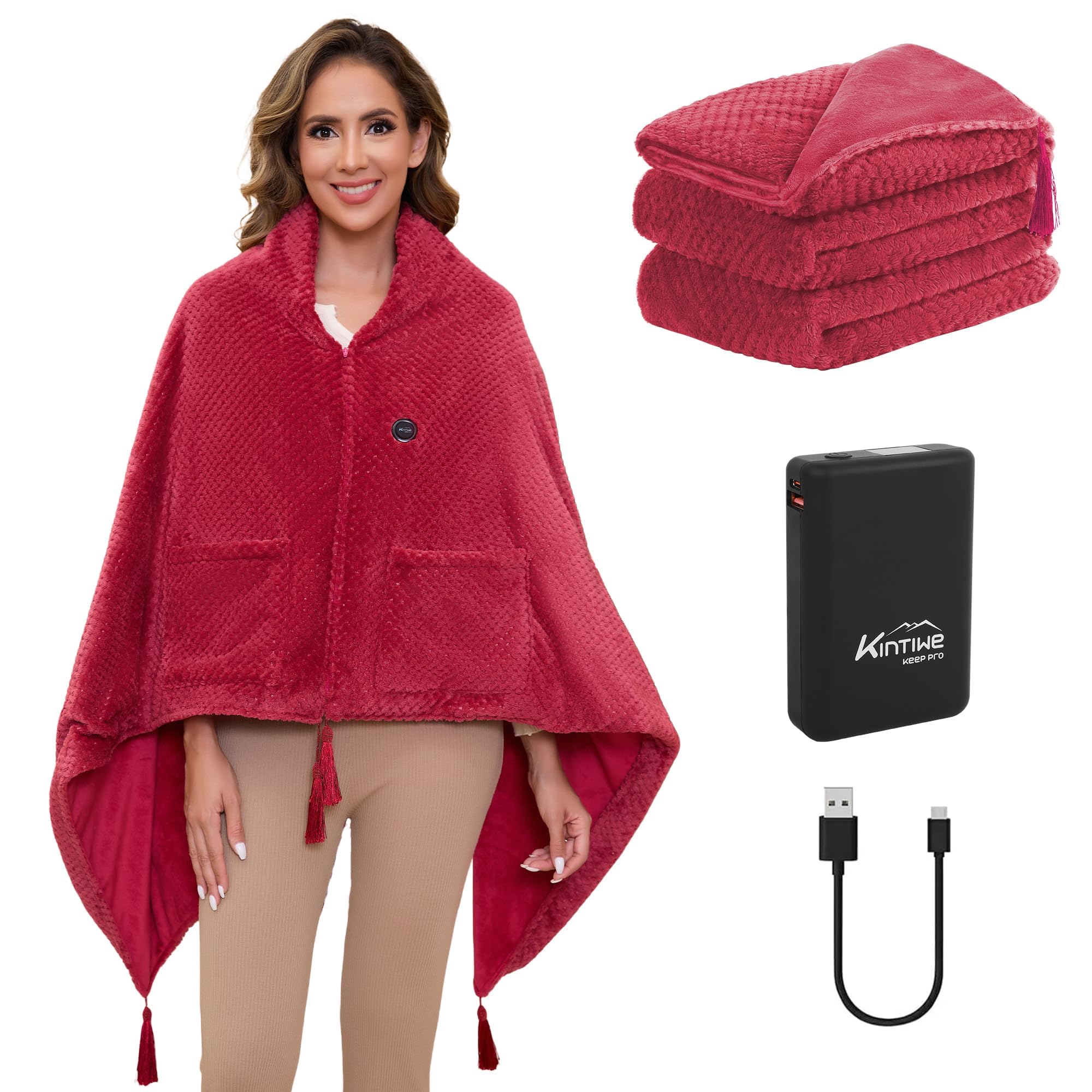 Coperta Riscaldante Elettrica con 20000 mAh Batteria senza fili, Coperta Indossabile Termica Elettrica con 4 Zone di Riscaldamento e 3 Livelli di Temperatura (Rosso, 100 x 150 cm)