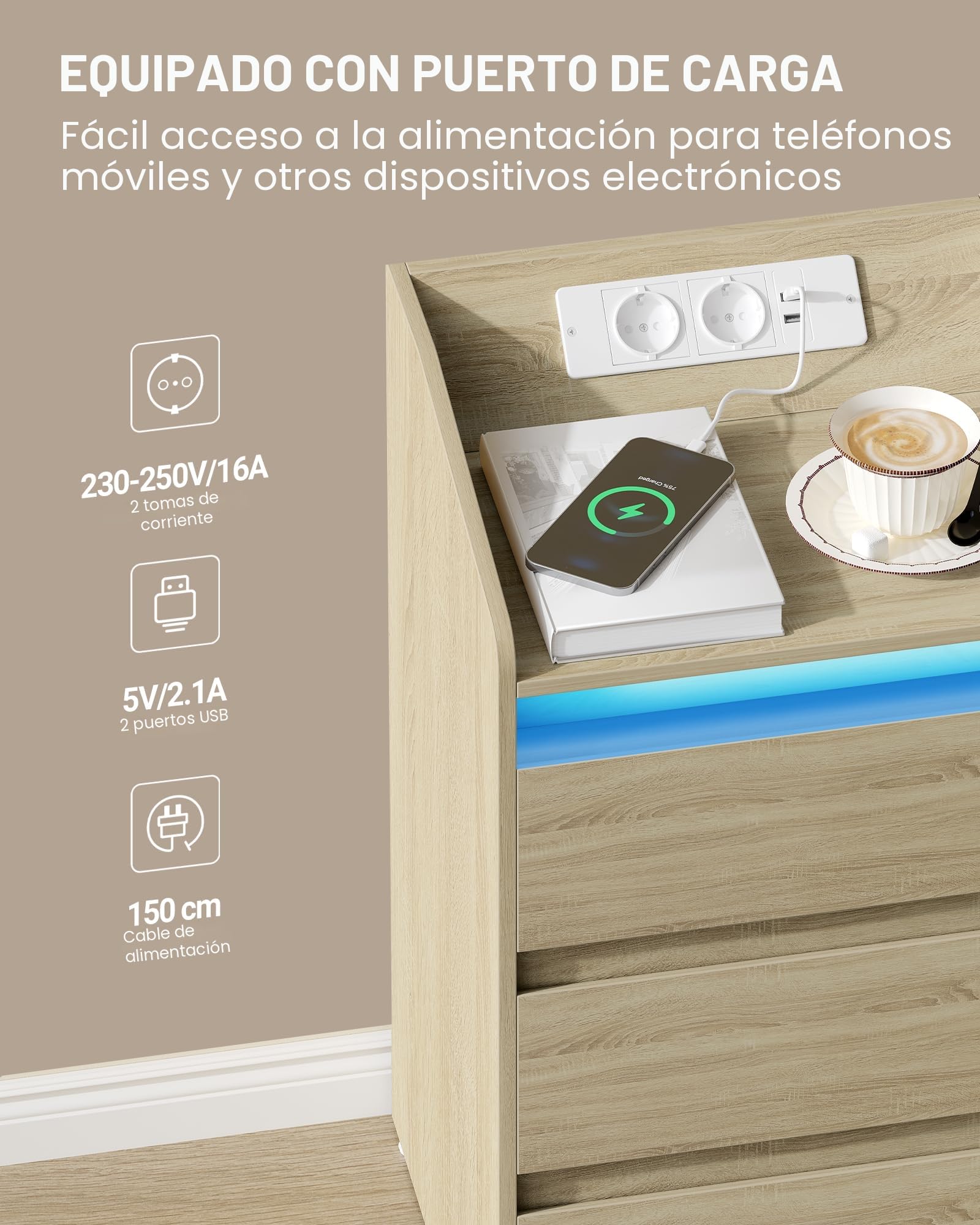 Hzuaneri Mesilla de Noche de 2 con 3 Cajones, Mesa Auxiliar con Estación de Carga y LED, 2 Tomas CA y 2 Puertos USB para Dormitorio, Salón, Color Roble NS40116X