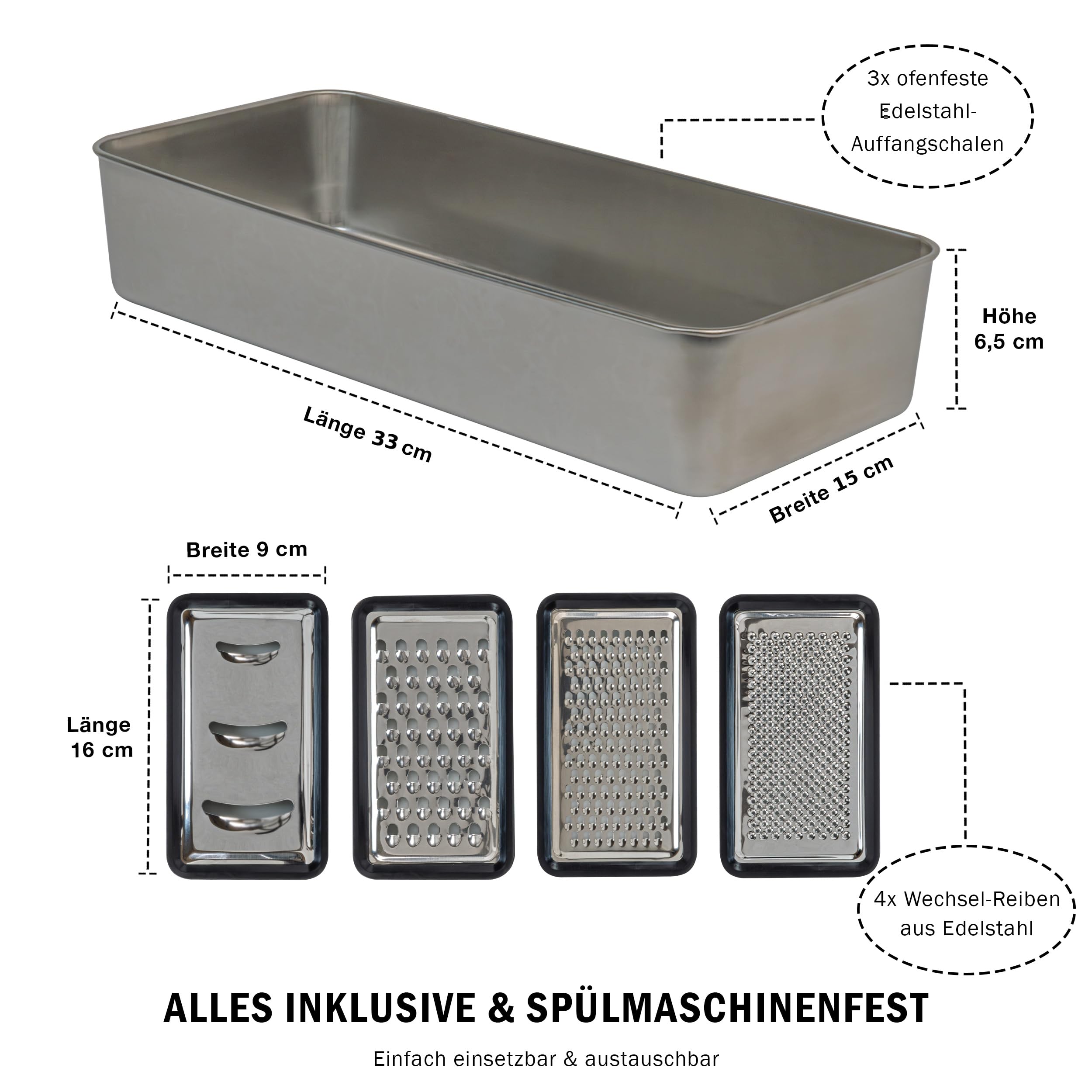 Premium XXL Küchenstation Schneidebrett mit Auffangschalen aus Kautschukholz 50x35 cm - Messerschonendes Holzbrett - Schneidebrett-Set mit 4 Edelstahl-Reiben