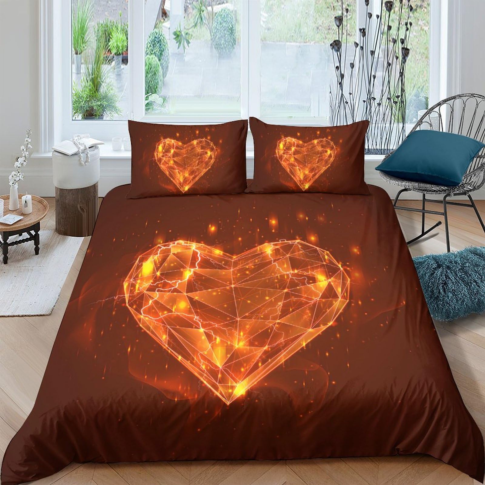 Ctjqhvkz Style-3 3D Printed Flaming Heart Fitted Sheet Microfiber Soft Brown Fire Bed Cover For Bedroom Guest Room Mattress Protection Single（135X200cm）