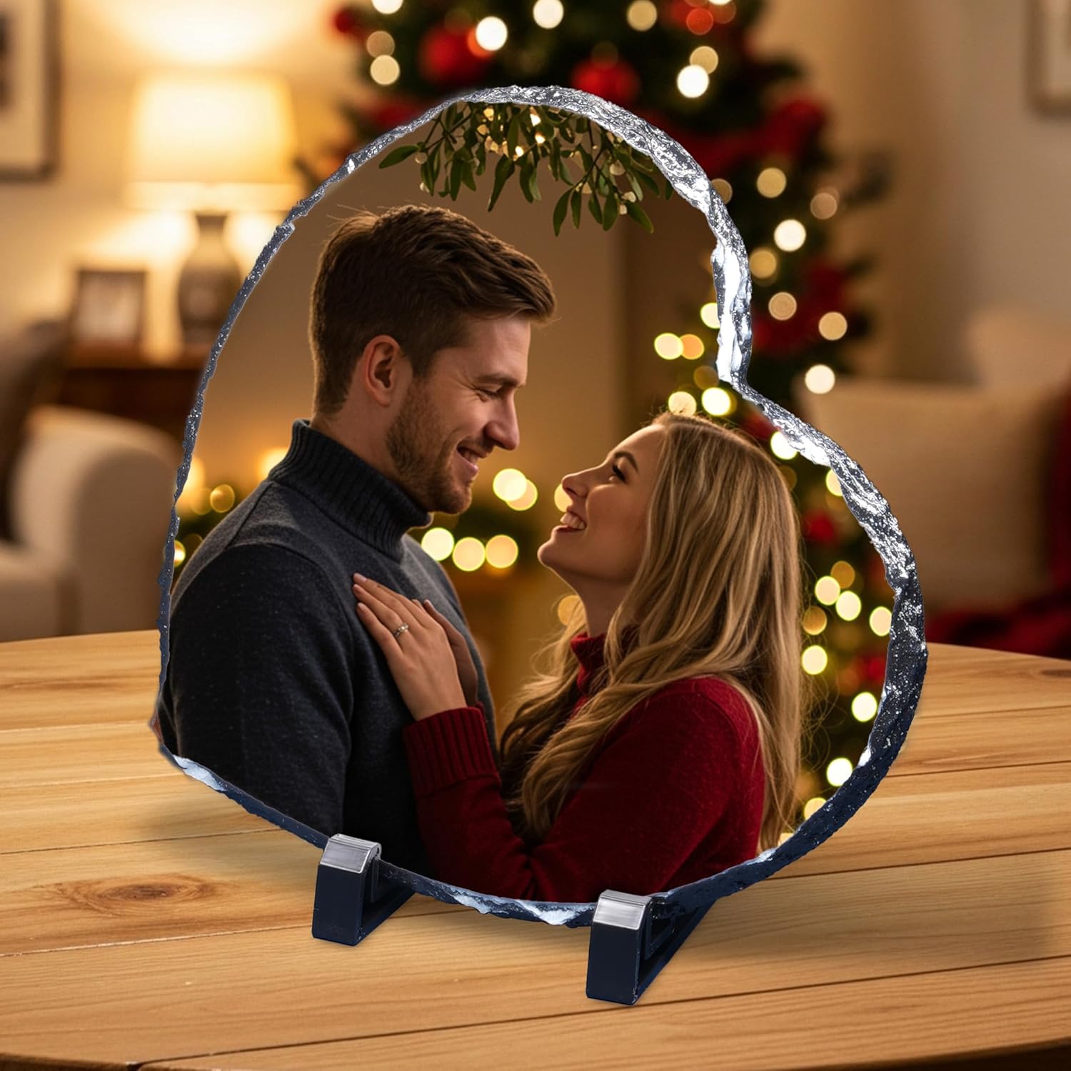 ArtPix 3D Christmas Personalized Slate Plate, Customized Xmas Photo Print Stone, Custom Picture Gift for Wife, Women, Family, Her, Him, Rock Slate Plaque Frame (Small - Heart Shape)