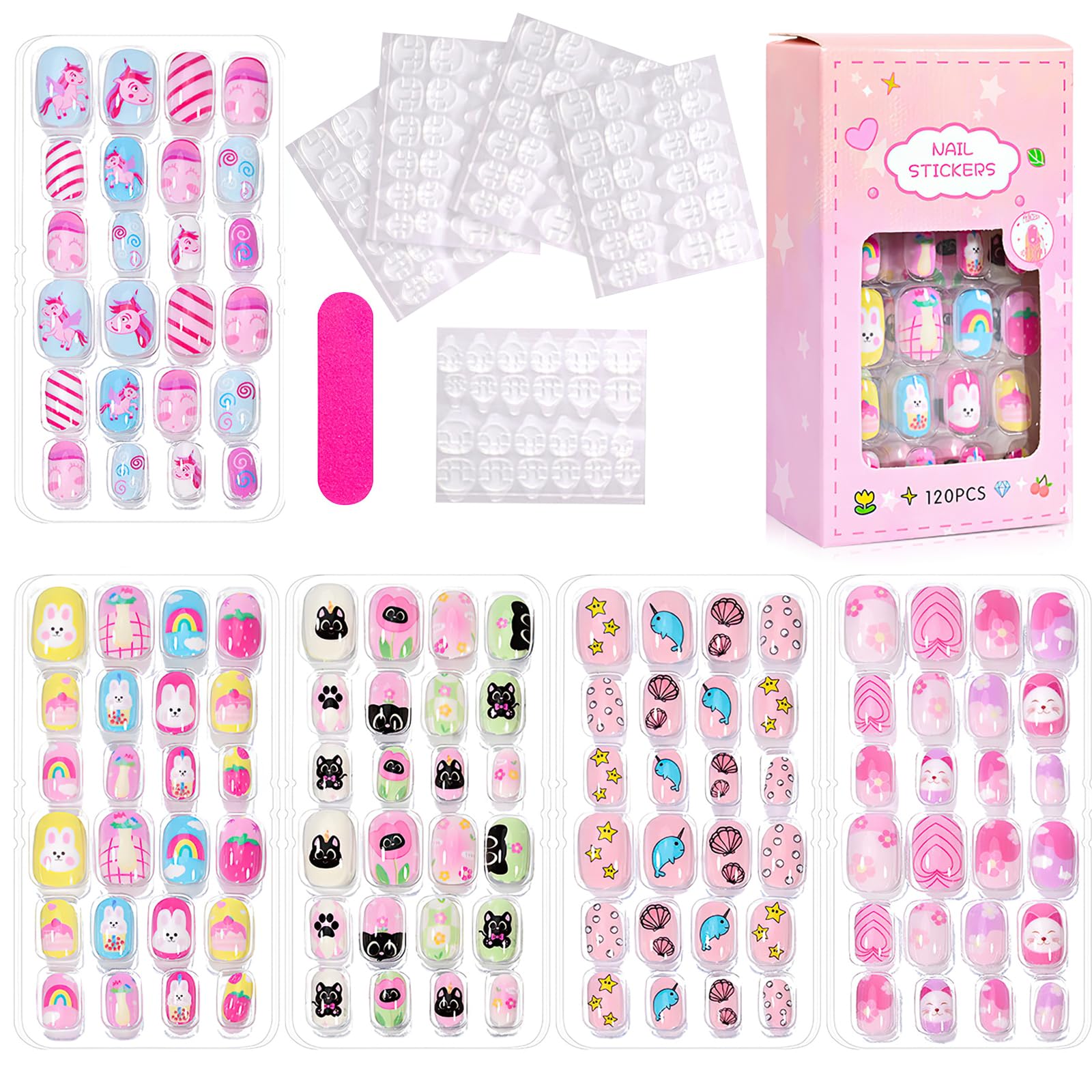 120PCS Stick on Nails False Nails for Girls Cute Pink Fake Nails for Girl Short Press on Nails with Stickers Full Cover Fingernail Lovely Gift for Girls Nails Art Decoration (Style2)