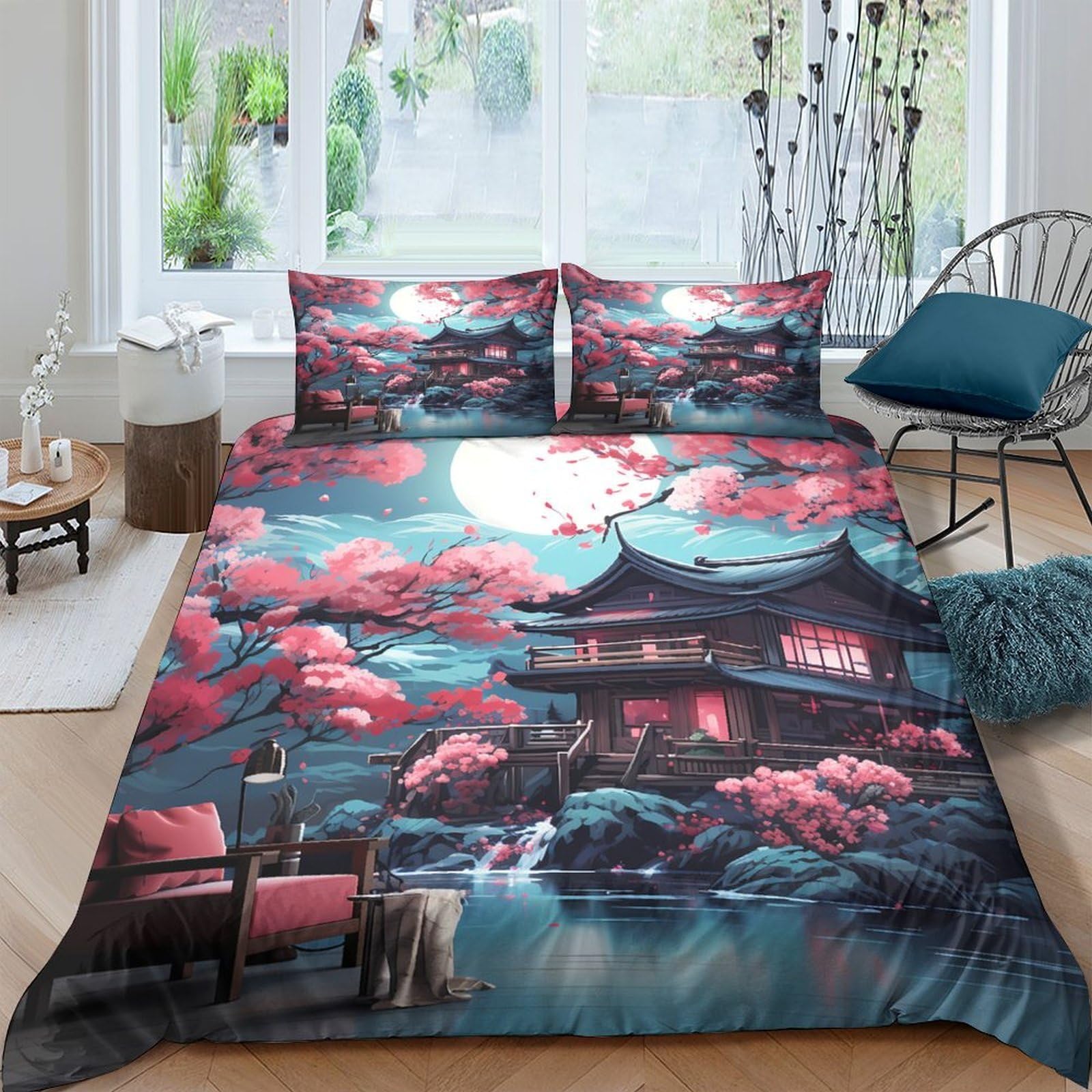 Ctjqhvkz Style-10 3D Printed Cherry Blossom Nightscape Fitted Sheet Microfiber Soft Anti-Slip Japanese Pagoda Mattress Cover For Bedroom Decor Single（135X200cm）