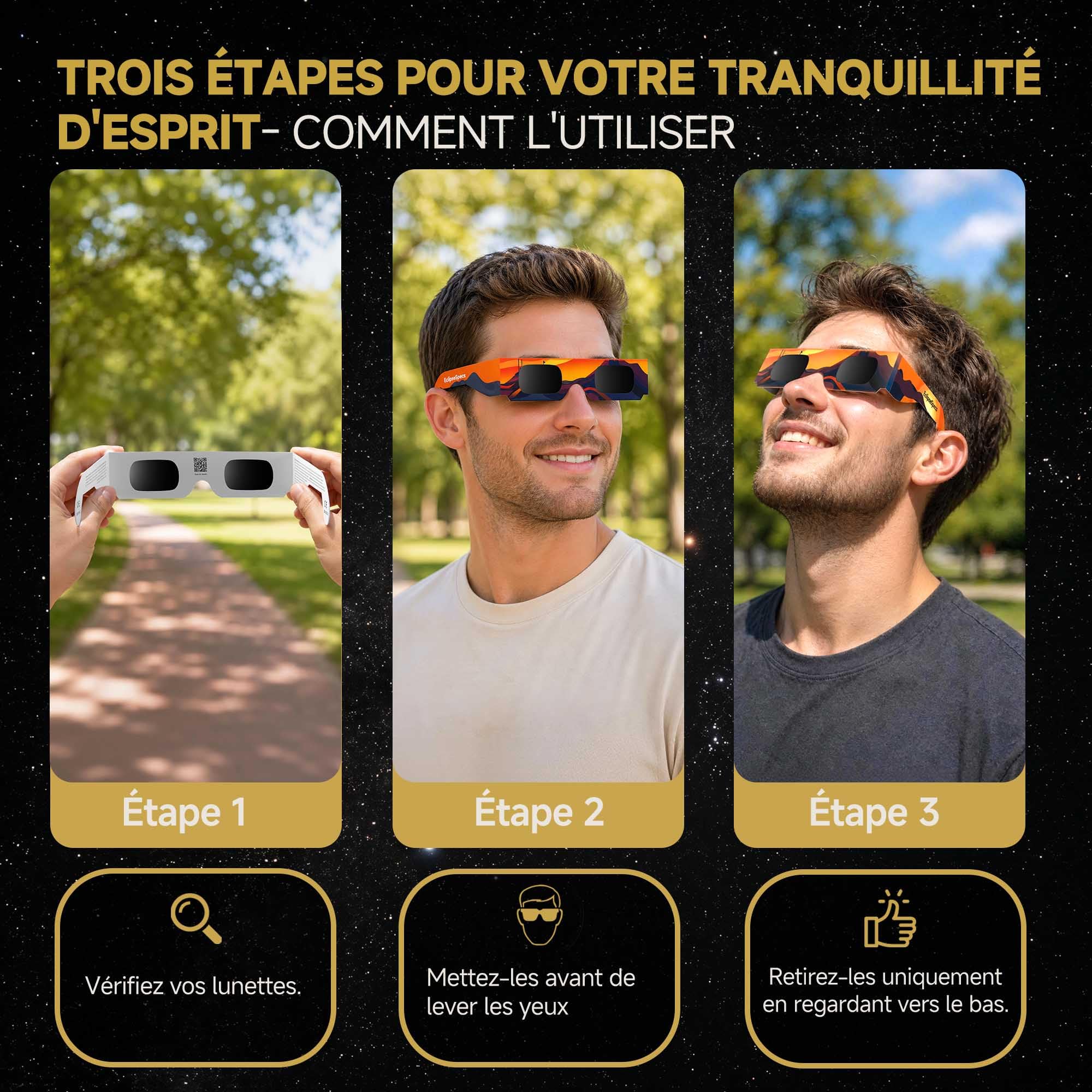 Lunette éclipse solaire [Lot de 3] - Homologuées ISO 12312-2 CE - Observation directe éclipse 2026