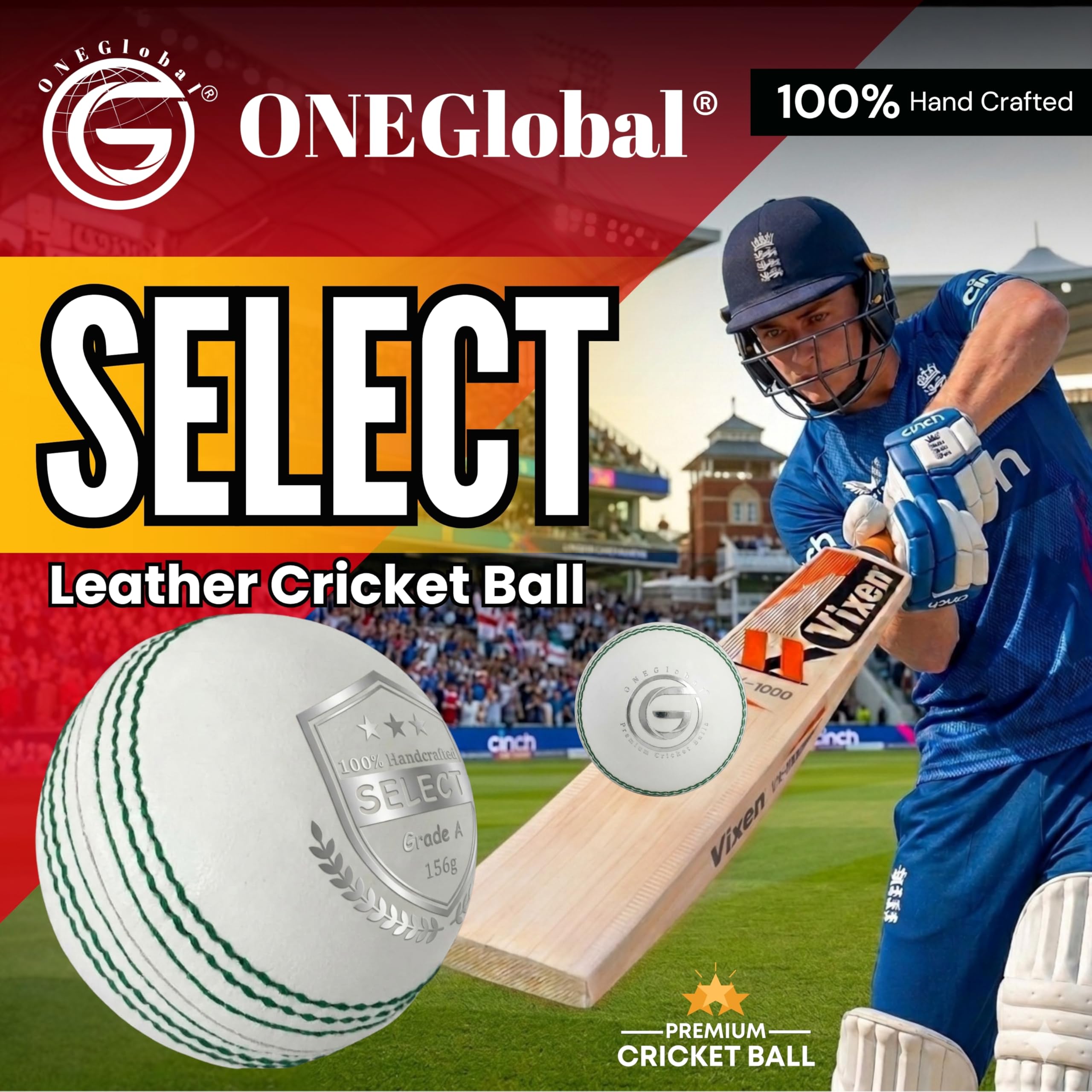 Select Leather Balle de cricket | 100 % fabriquée à la main, 156 g – 5,5 oz, construction en 4 pièces | Idéale pour T20, entraînement du filet, entraînement, etc.