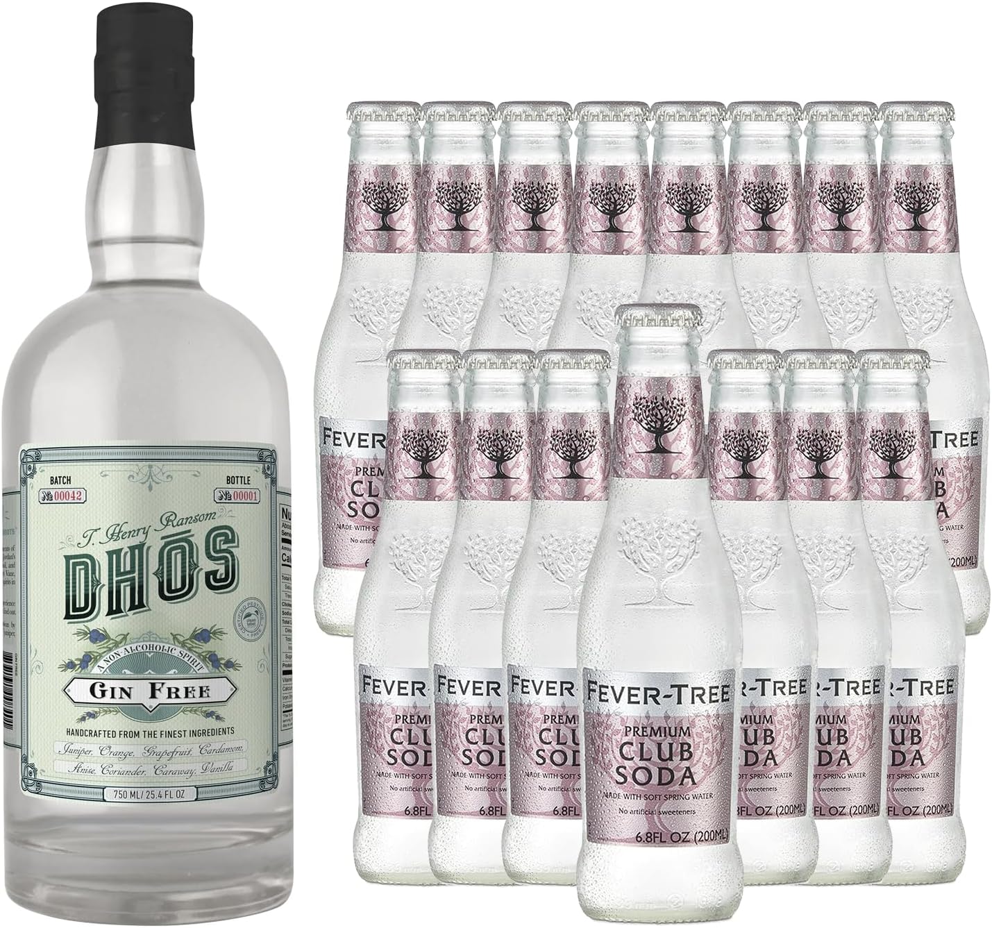 Dhos Handcrafted Non-Alcoholic Gin w 15 Pack Fever Tree Club Soda - Keto-Friendly, Zero Sugar, Zero Calories, Zero Proof - 750 ML - Perfect for Mocktails - Made in USA