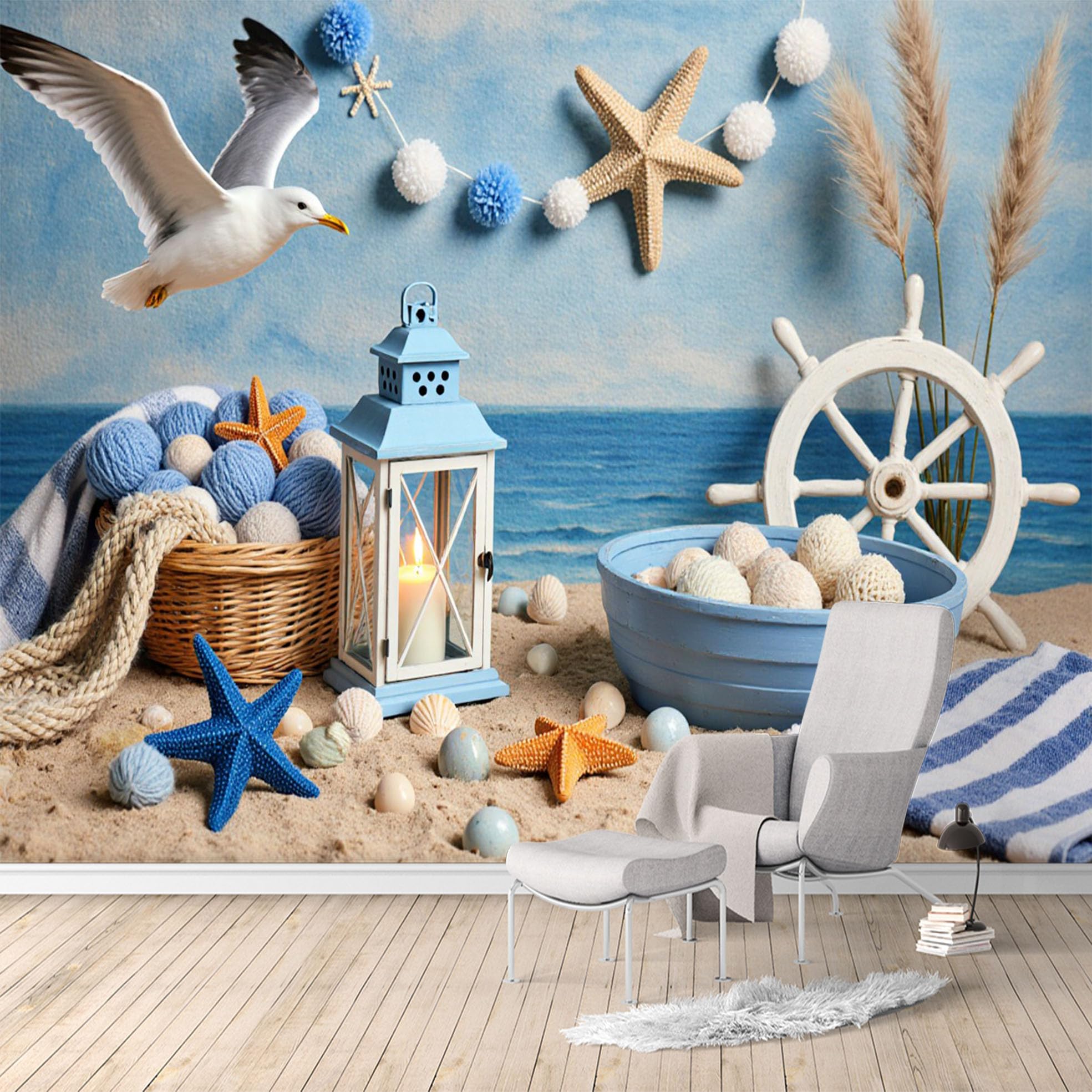 Custom Size Wall Murals, Nautical Beach Seascape with Seagull and Starfish, SelfAdhesive Water Activated Removable Wall Covering, Large Photo Wallpaper for Living Room Bedroom Office